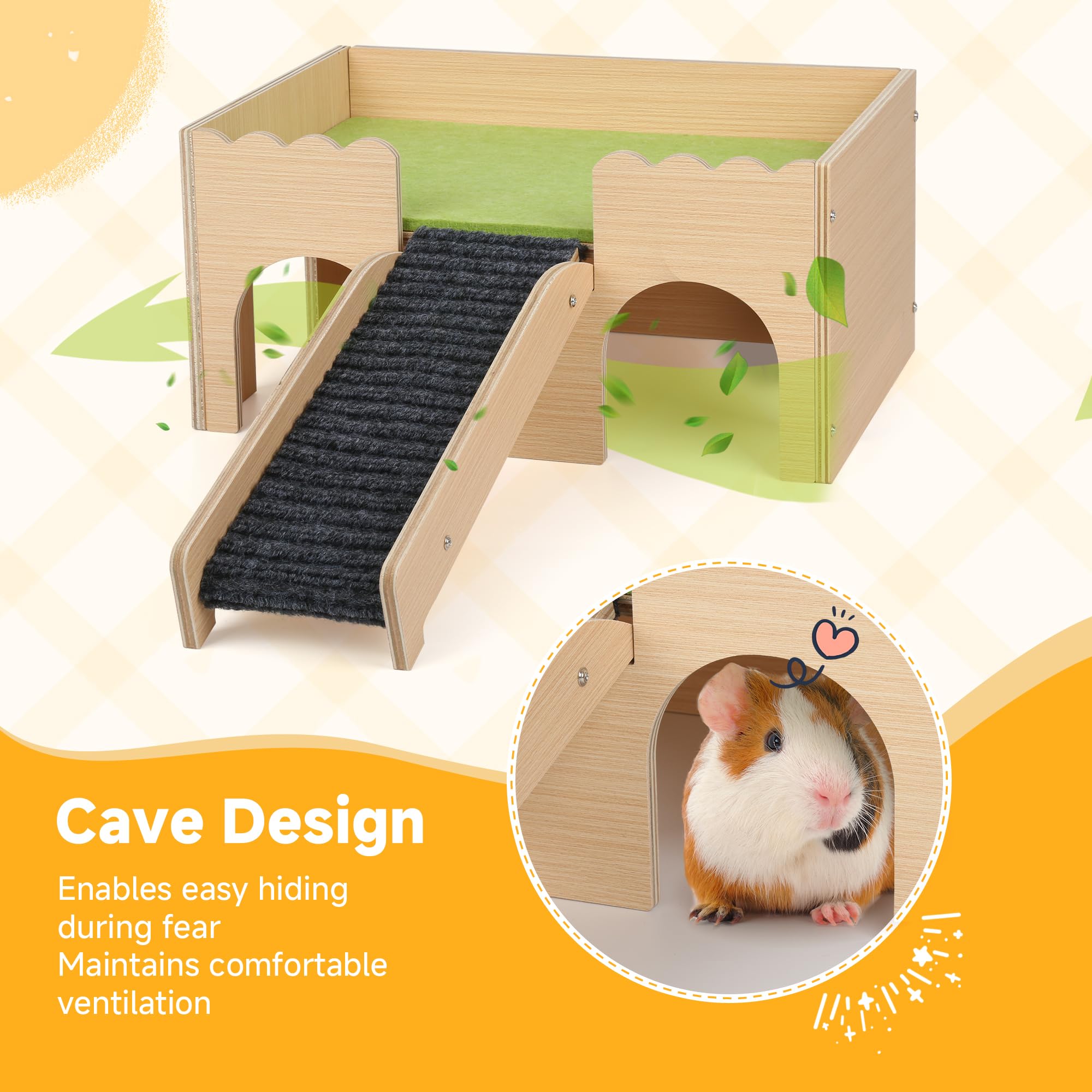 PESNLO Wooden Guinea Pig Castle - 2-Level Detachable Pet House, Green, Ideal for Rabbits, Hamsters & Chinchillas