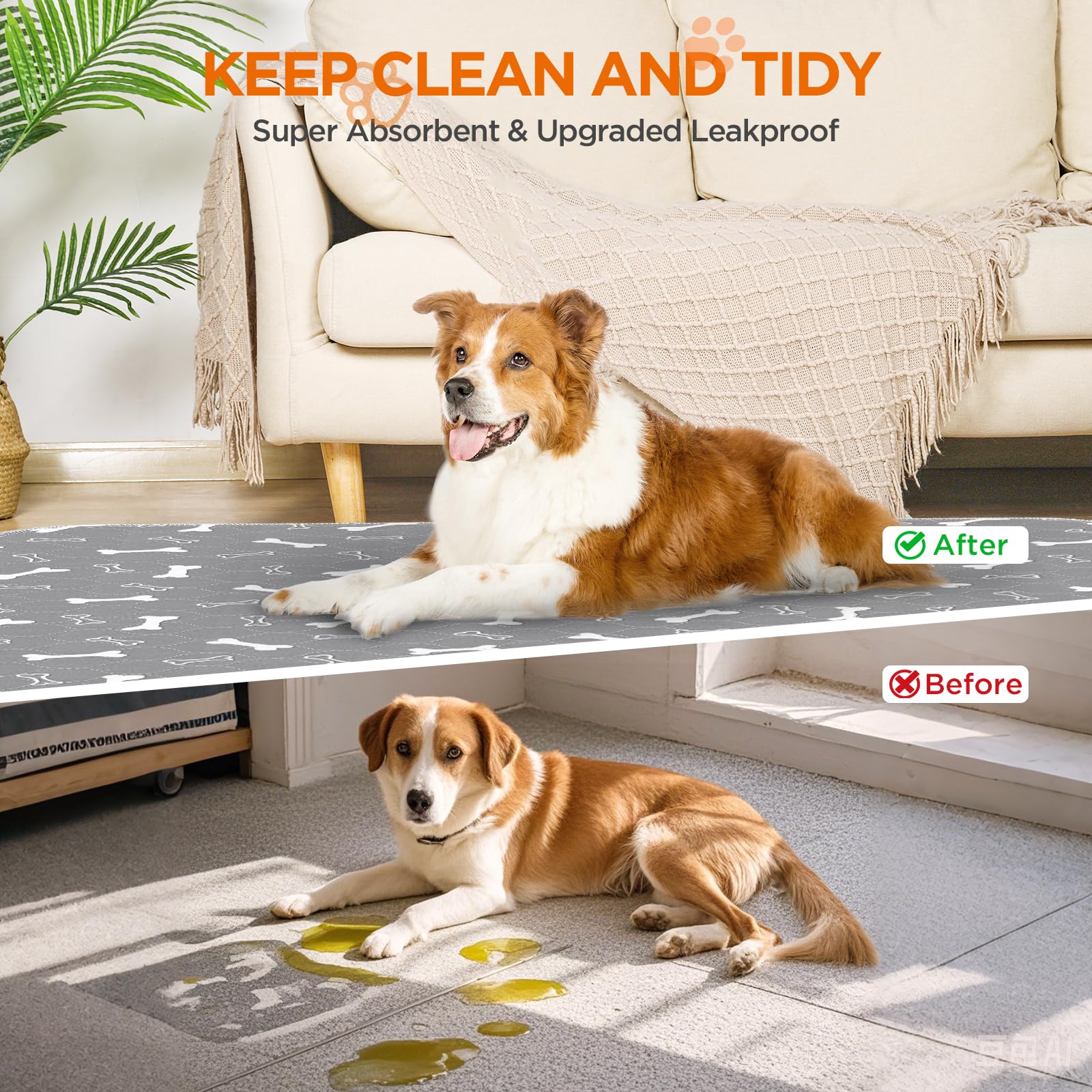 Baodan Washable Dog Pee Pads, 36"x41", Gray, 2 Pack, 100% Waterproof, Non-Slip, Reusable Potty Training Pads