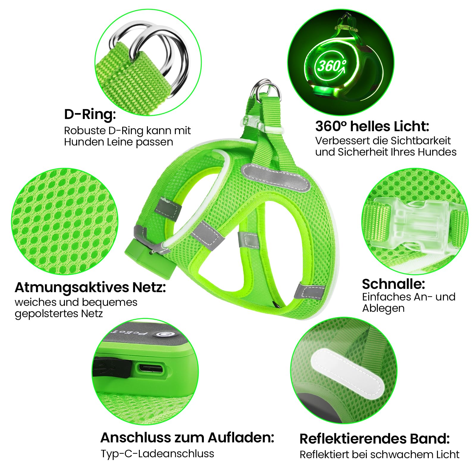 Pceotllar Light Up Dog Harness, Led No Pull Reflective Dog Harness, Flashing Lighted For Night Walking - Small/Medium, (Green L)