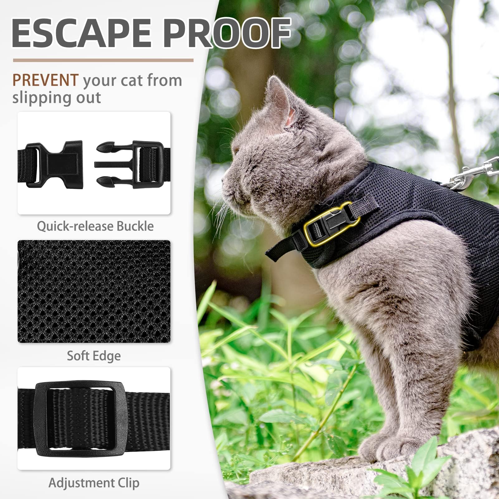 Pupteck Soft Mesh Cat Vest Harness And Leash Set Puppy Padded Pet Harnesses Escape Proof For Cats Small Dogs Rabbits Bunny, Black Large