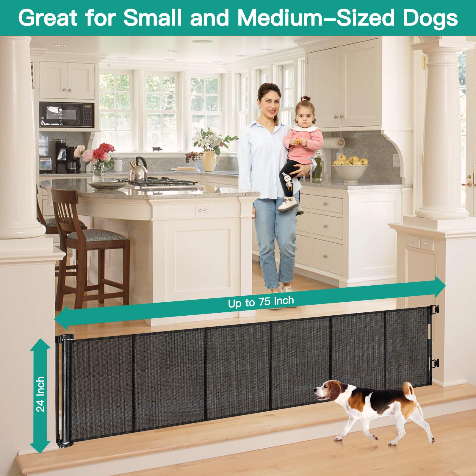 24 Inch Tall x 75 Inch Extra Wide Retractable Dog Gate for The House, Short Dog Gate to Step Over, Reinforced Mesh Puppy Gate fo