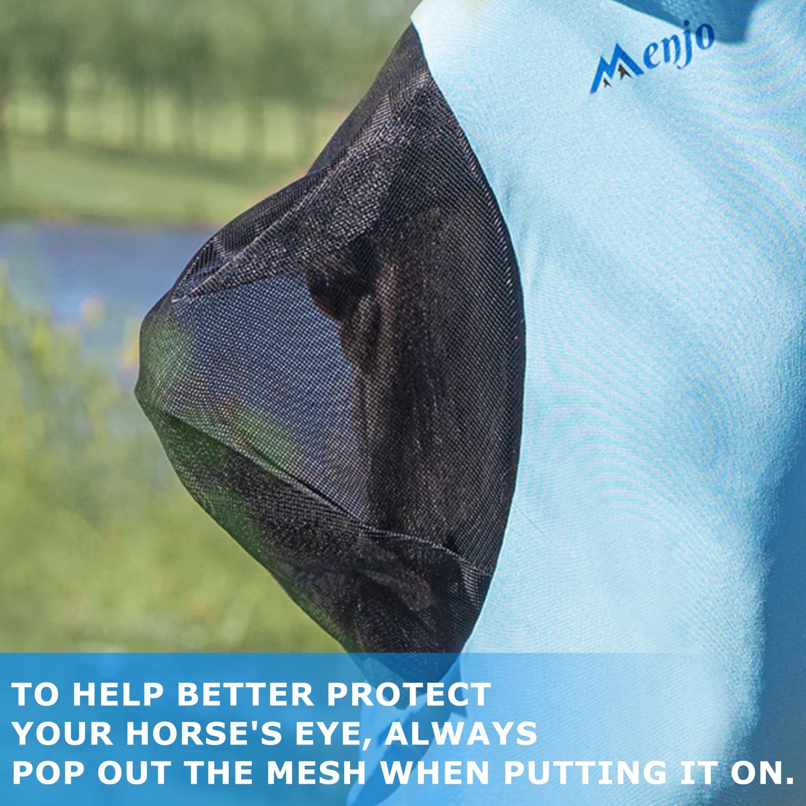 Stretchy Azure Blue Menjo Outdoors Horse Fly Mask with Ears, UV Protection for Horses, Breathable Comfortable Fly Mask Suitable