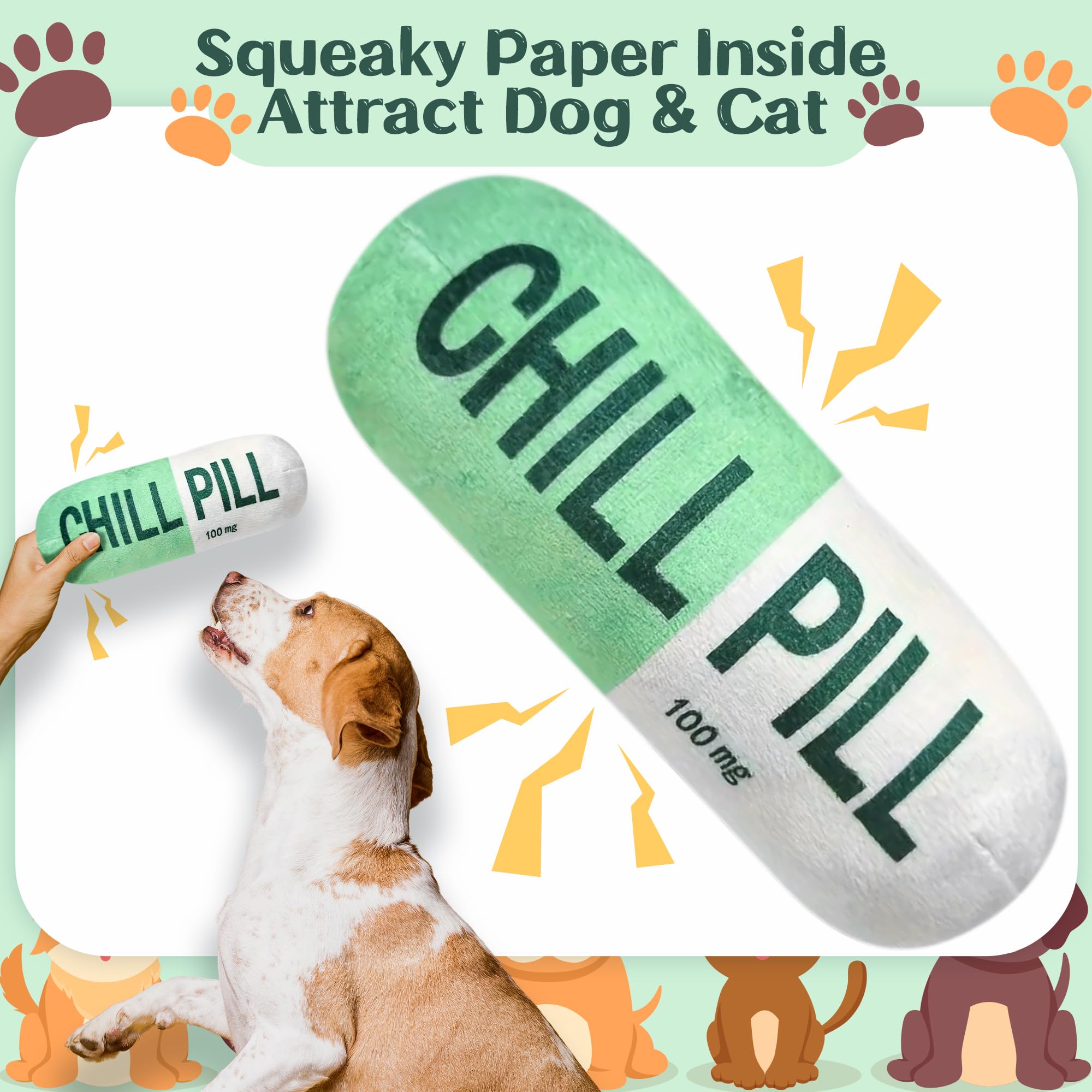 Cuweipeng Funny Dog Squeaky Toy - Green Chill Pill Capsule Shaped Teething Squeak Plush Pet Toy Bite Kick Indoor Interactive Tra