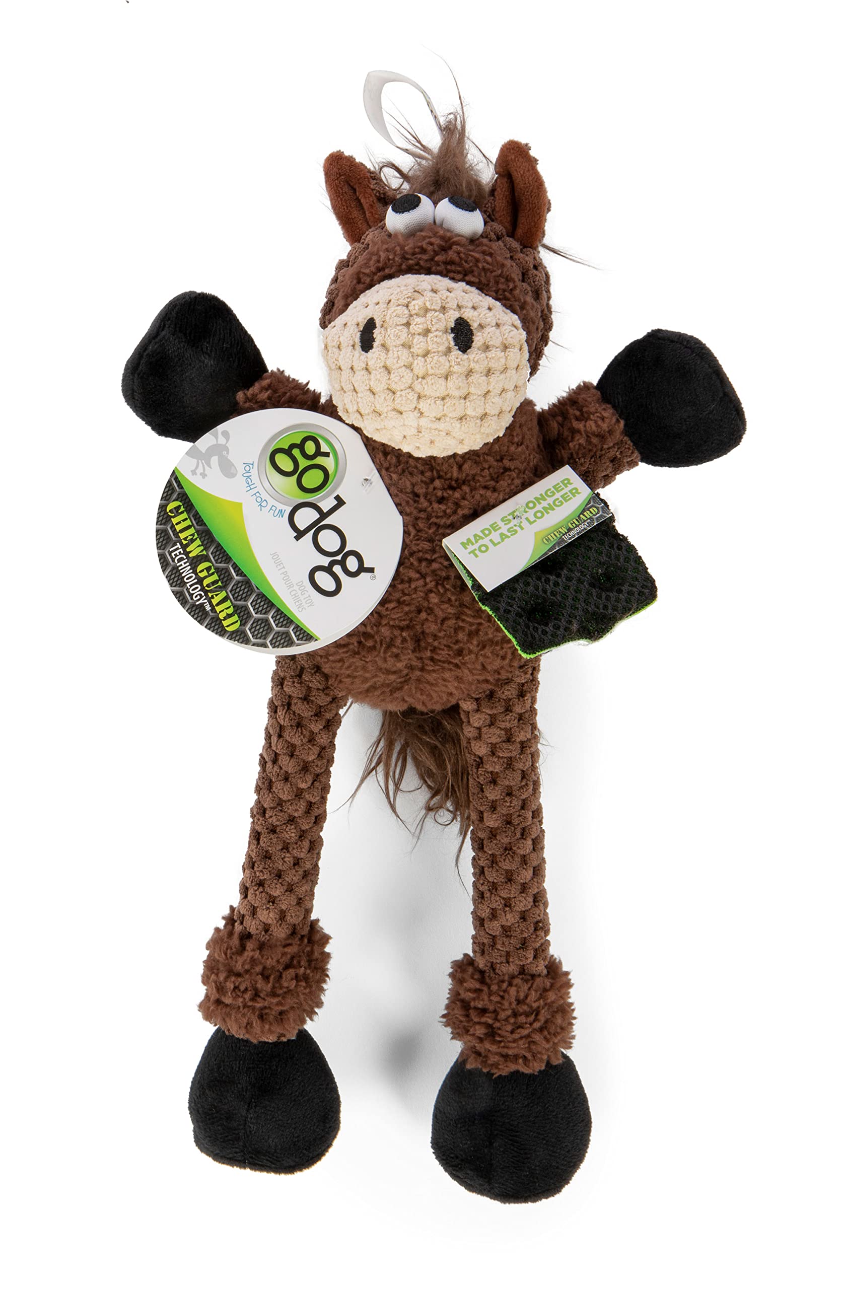 Godog Checkers Skinny Horse Squeaky Plush Dog Toy, Chew Guard Technology - Brown, Small