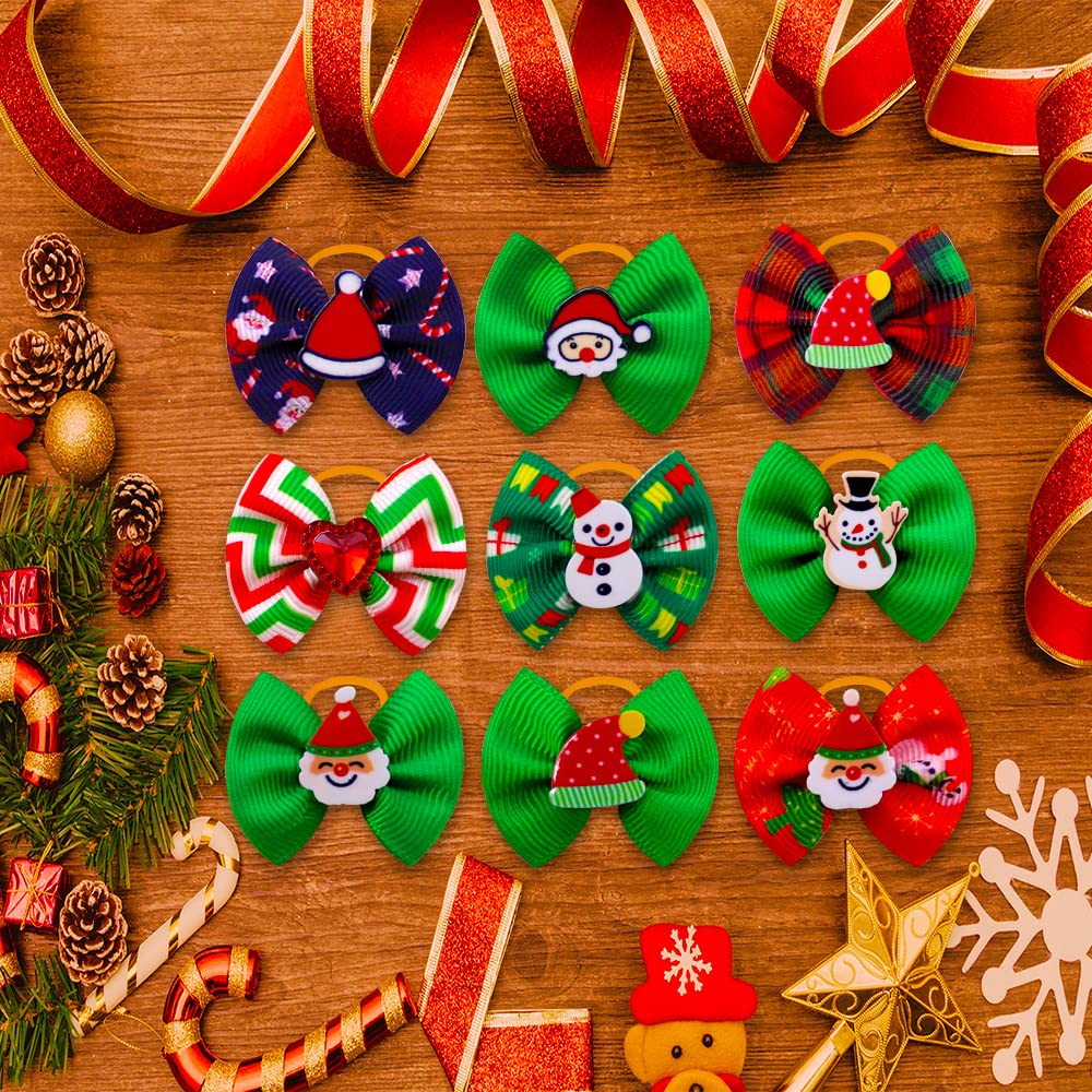 Masue Pets 20Pcs/Pack Dog Hair Bows For Christmas With Rubber Bands Dog Bows Bowknot Snowman Snowflakes Christmas Dog Bows Snowman Dog Topknot Bows Pet Grooming Products