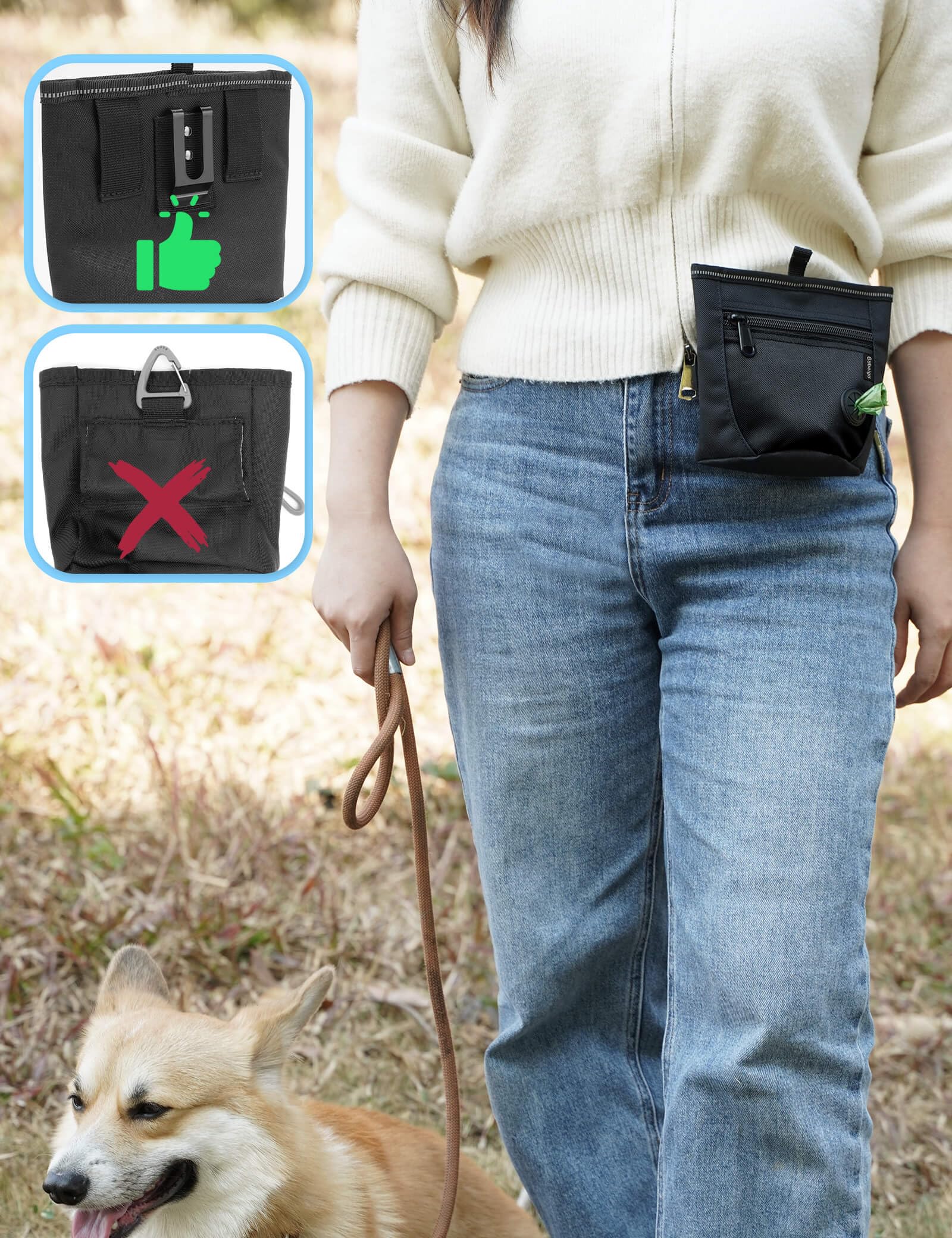 Gobeigo?Silicone Insert Bag Version?Dog Treat Pouch and Training Clicker, 2 Pair Magnetic Closure, 2 Cup Walking Fanny Pack with