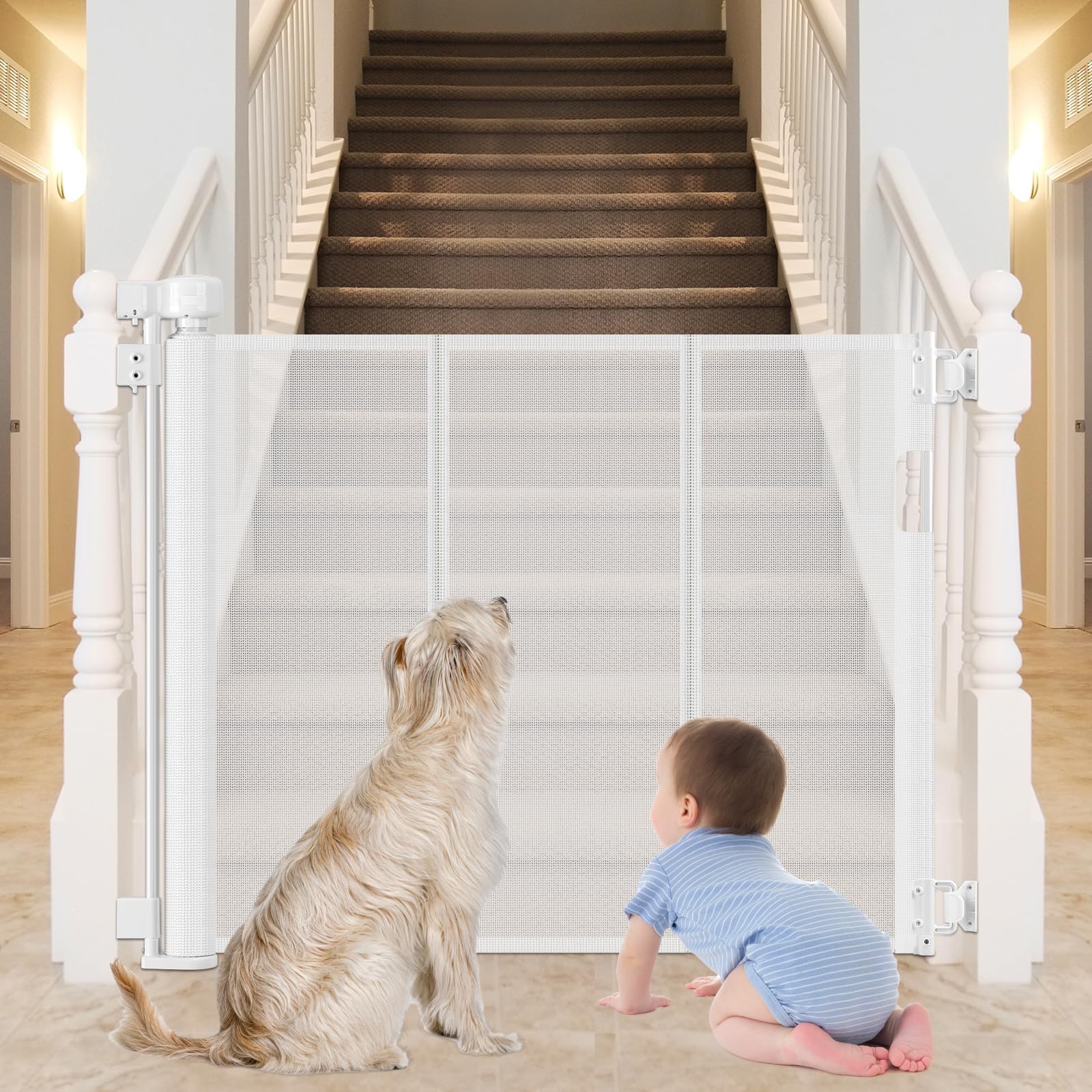 Reinforced Bottom Retractable Child Gate for Stairs Prevents Bottom Drilling Through Baby and Dog 80 Inch Extra Wide Retractable