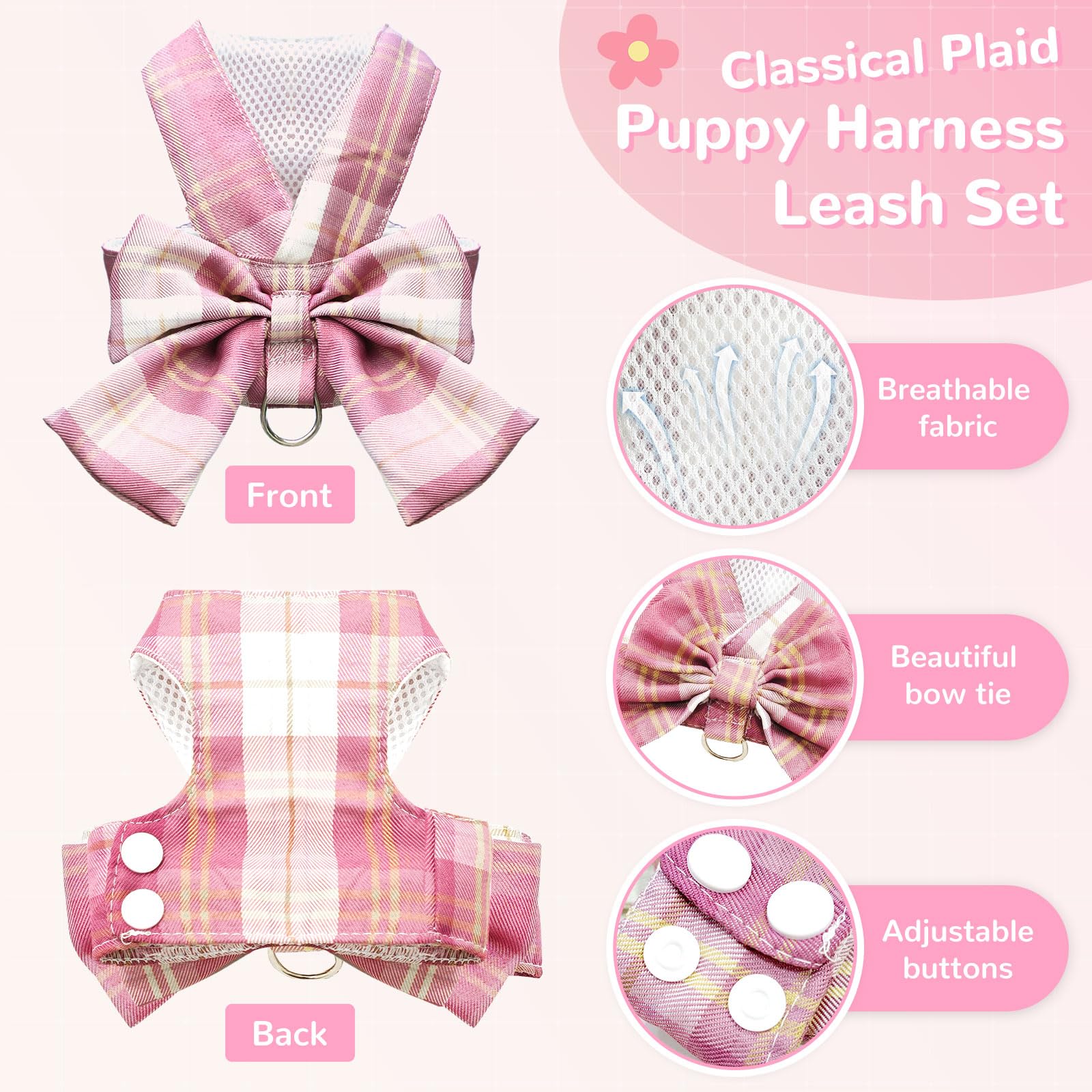 Uetzltb Cute Dog Harness And Leash Set With Bow Tie Soft Mesh Plaid Girl Puppy Harness No Pull Pet Cat Dog Vest Harness For Smal