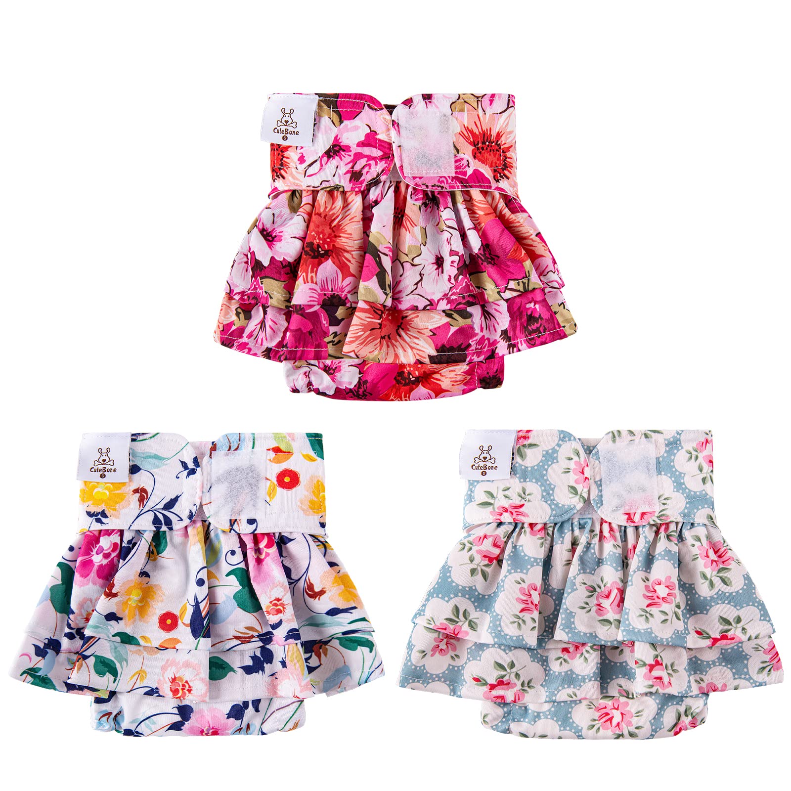 Cutebone Female Dog Diapers With Skirts 3 Pack Reusable Puppy Dresses Pants For Heat Cycle Period Qbd03Xs