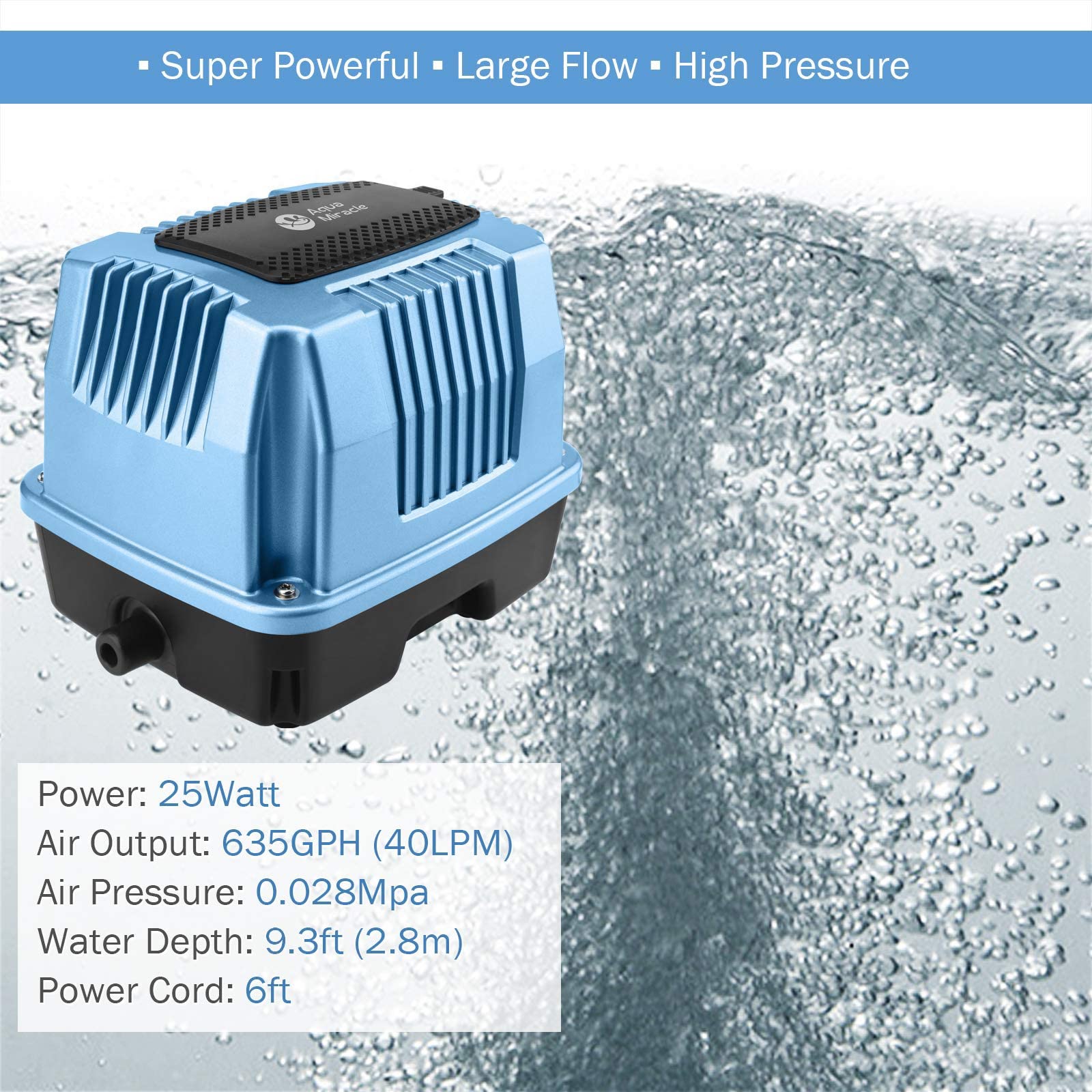 AquaMiracle AP40 Linear Air Pump, 635GPH for Pond Aeration, Blue, Copper & Steel Construction, Ideal for Aquariums & Hydroponics