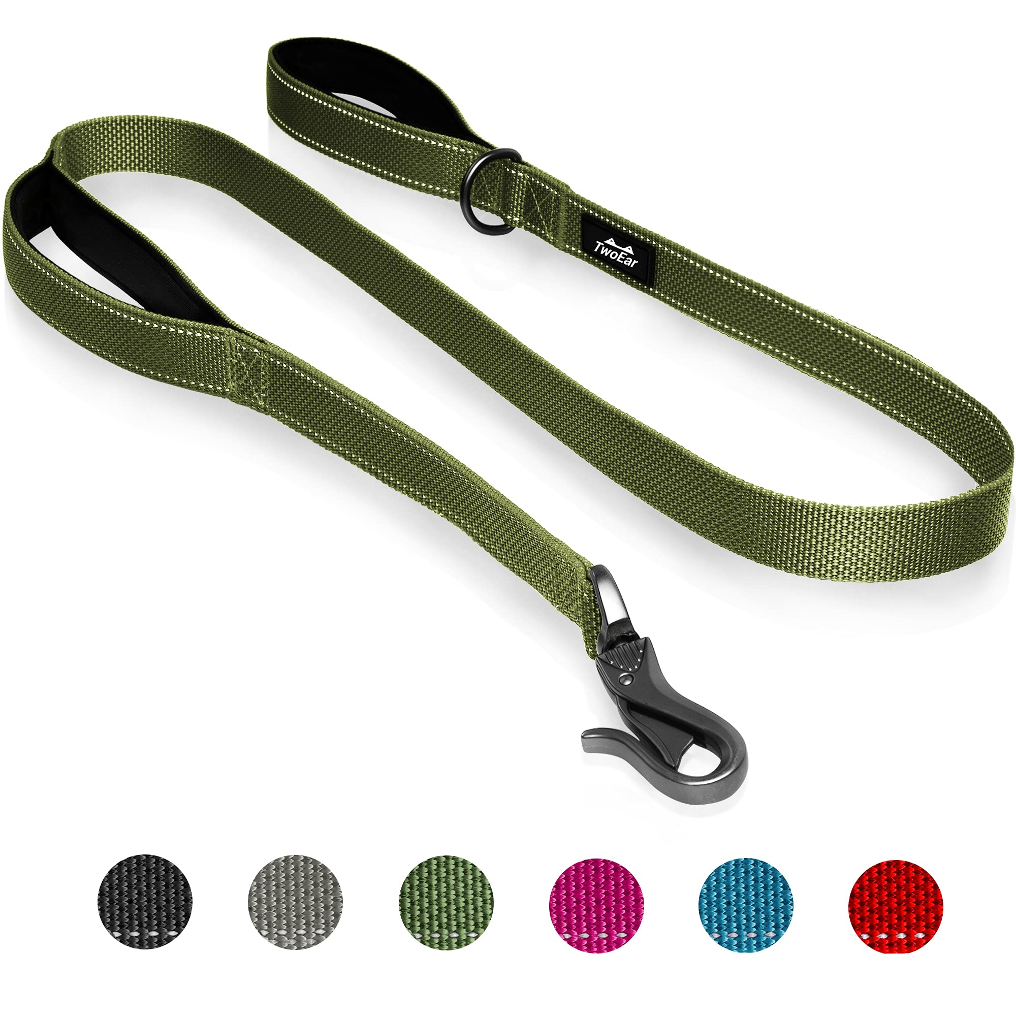 Twoear 4Ft 1In Strong Green Dog Leash With 2 Padded Handles, Traffic Handle Extra Control, Comfortable Soft Dual Handle, Auto Lo