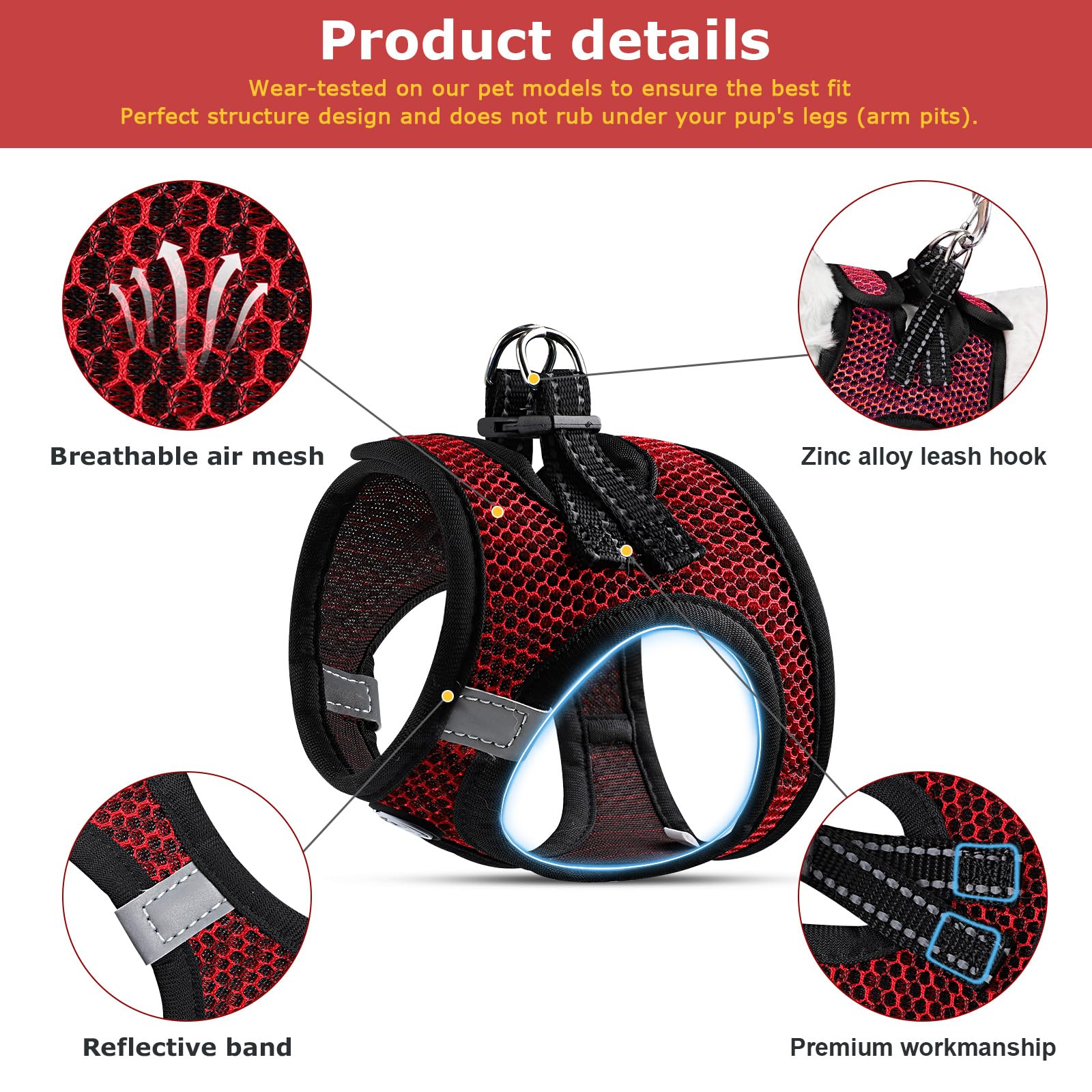 No Pull Small Dog Harness For Under 22 Lbs Dogs, Step In Air Mesh Puppy Reflective Lightweight Dogs Cats Vest (Red, Large