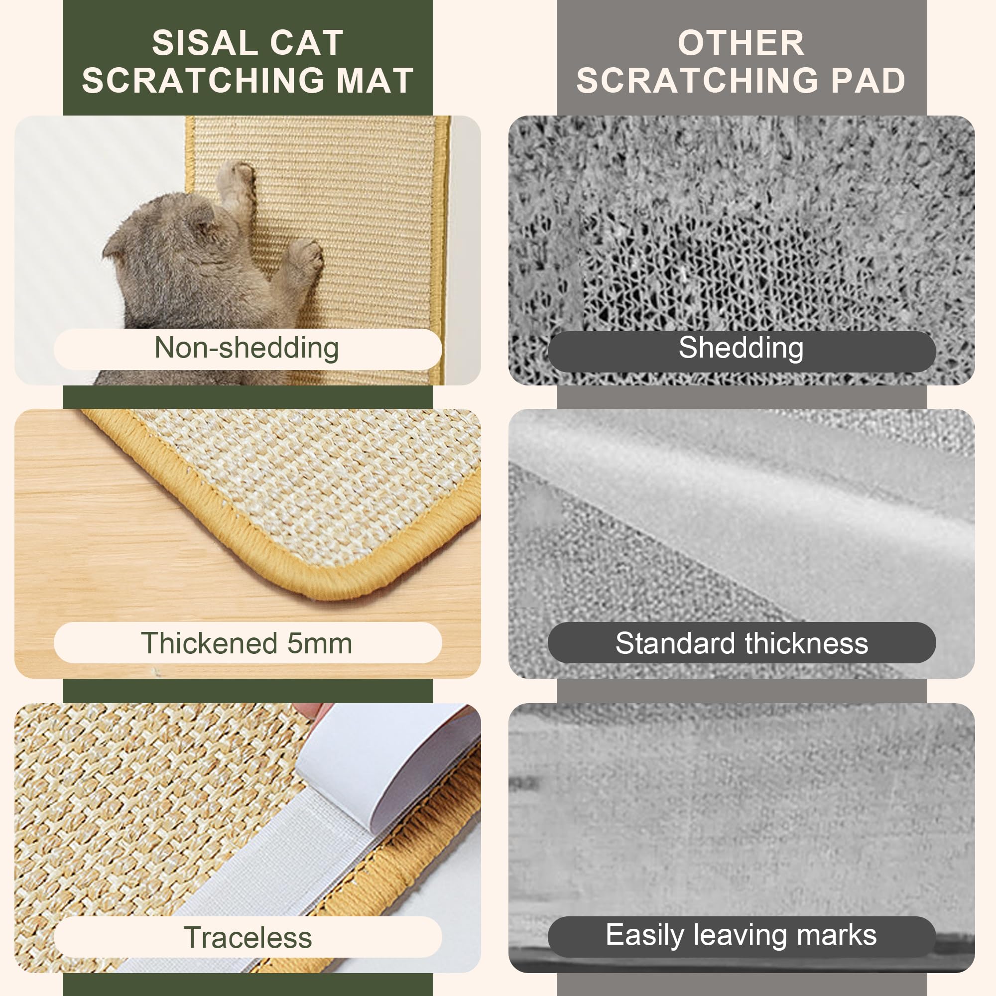 Sisal Cat Scratching Mat, 3 Packs Natural Fabric 23.6 X 15.8 Scratching Pad With Cute Playing Toy And Spiral Nails, Wall Scr