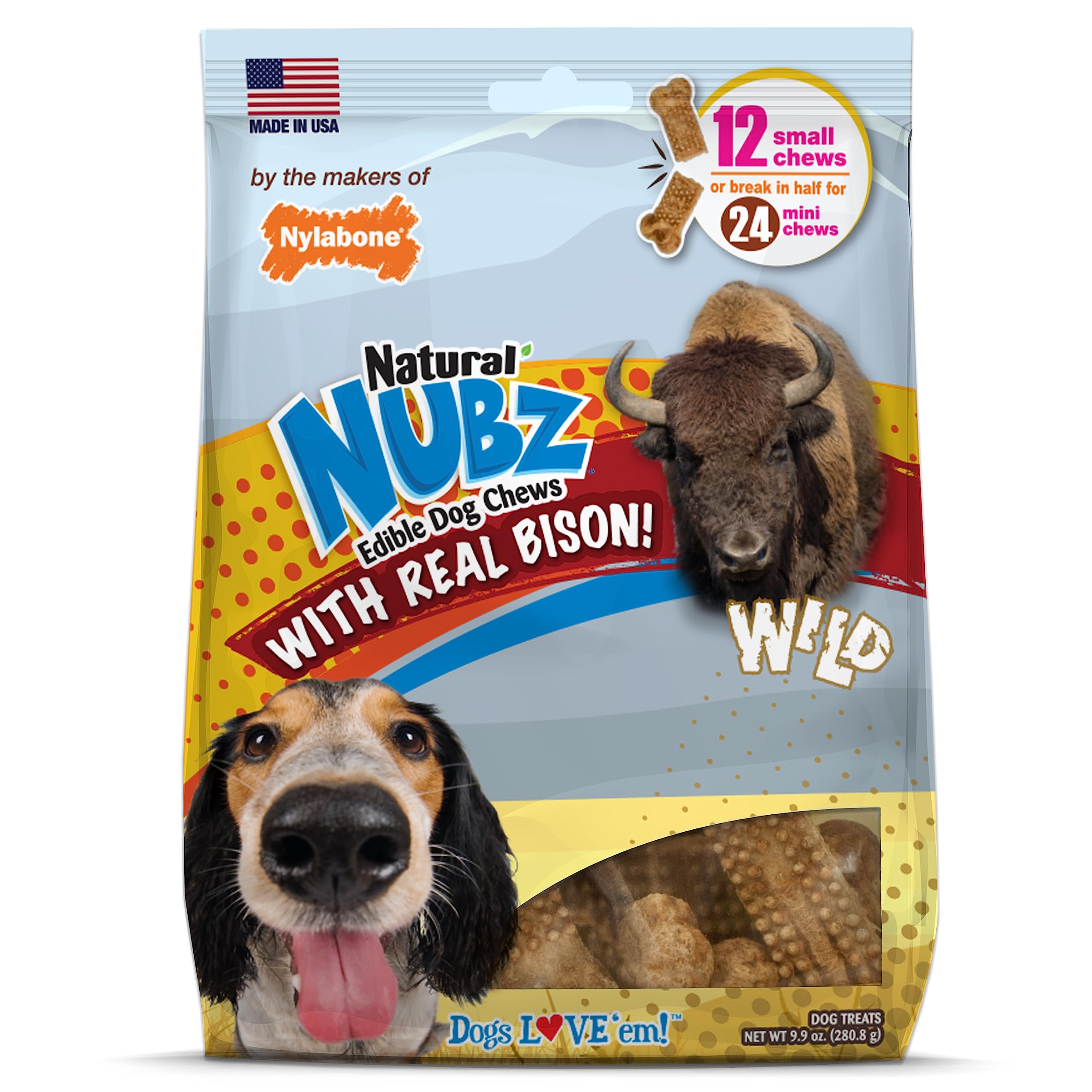 Nylabone Nubz Wild Natural Edible Chew Treats for Dogs, Made in USA, Bison Flavor, Small - Up to 25 lbs. (12 Count)