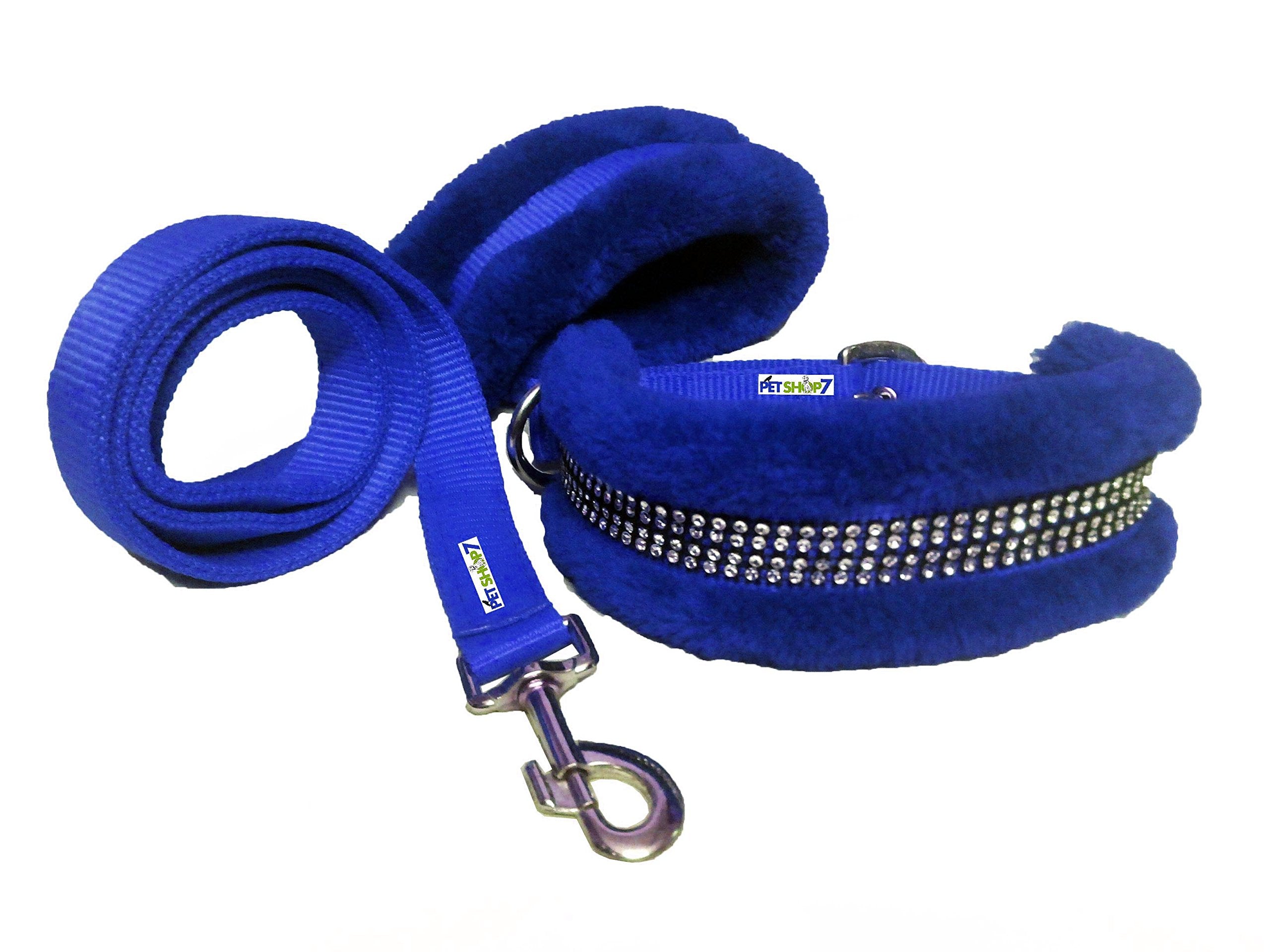 Petshop7 Nylon Nug Fur Padded Dog Collar & Dog Leash  Large (Adjustable Neck Size : 1620Inch) Blue