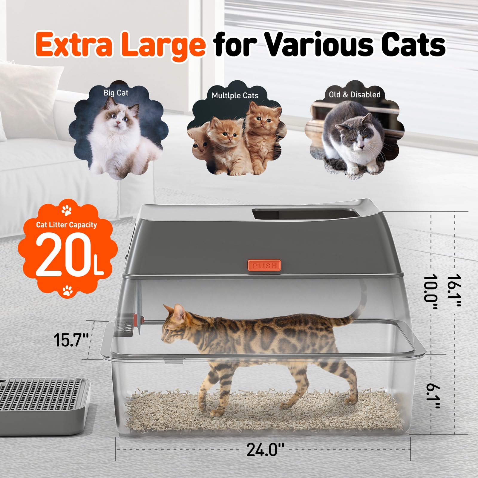 LUCKY MUFFIN 3 in 1 Stainless Steel Cat Litter Box, XL, Dark Grey, Enclosed with Removable Lid, Odor Control & Easy Clean