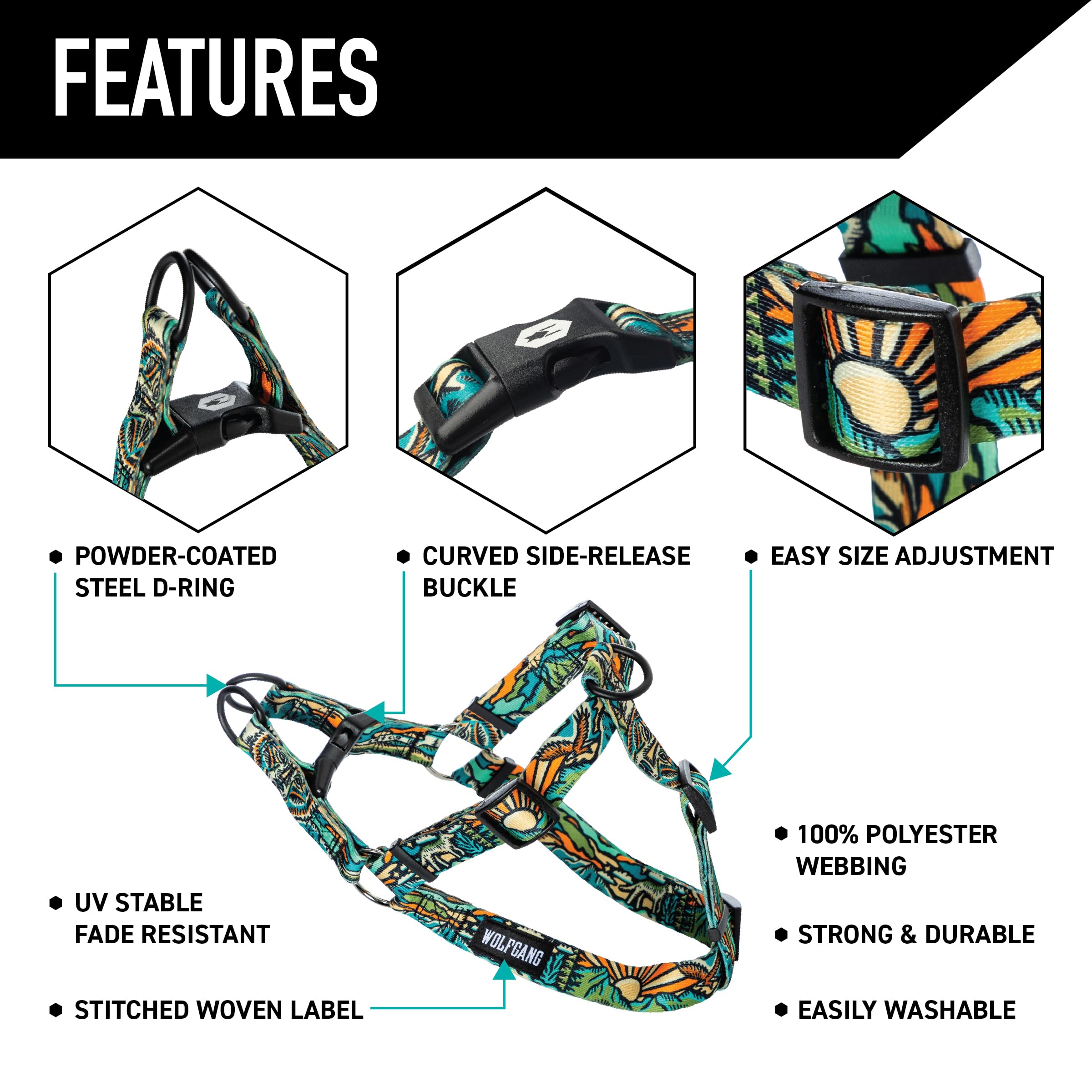 Wolfgang Heavy Duty Adjustable Dog Harness, Pull-Tested for Walking & Training, WildWolf Print, Medium