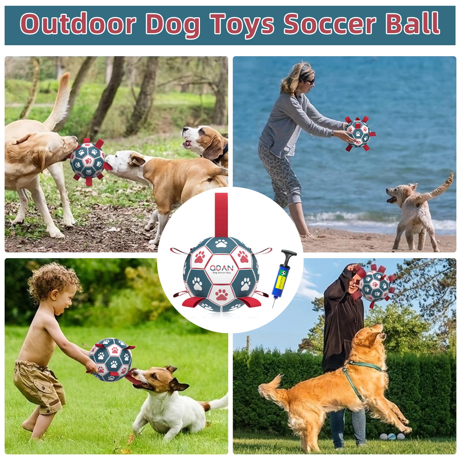 QDAN Soccer Ball Dog Toy, Durable PU Water Toy for Small Medium Dogs, Interactive Tug of War, Blue Red, 6 Inch