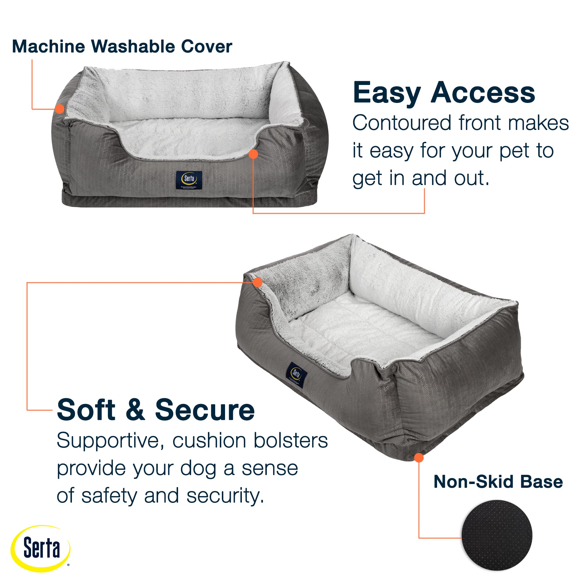 Serta Orthopedic Dog Bed - X-Large, Slate Gray, 44"L x 30"W x 10"Th, Durable Polyester