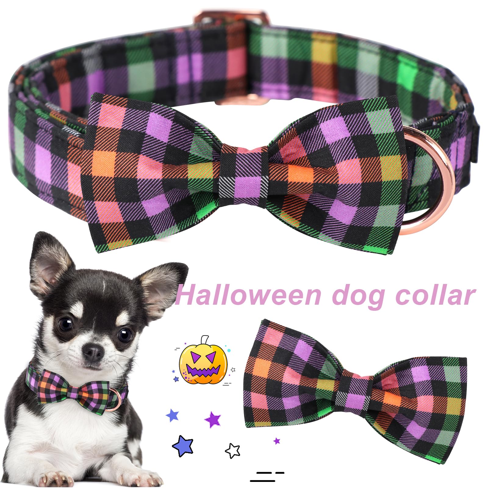 Aring Pet Halloween Dog Collar, Cute Cotton Fall Dog Collar With Bow, Adjustable Halloween Plaid Pet Collars With Metal Buckle