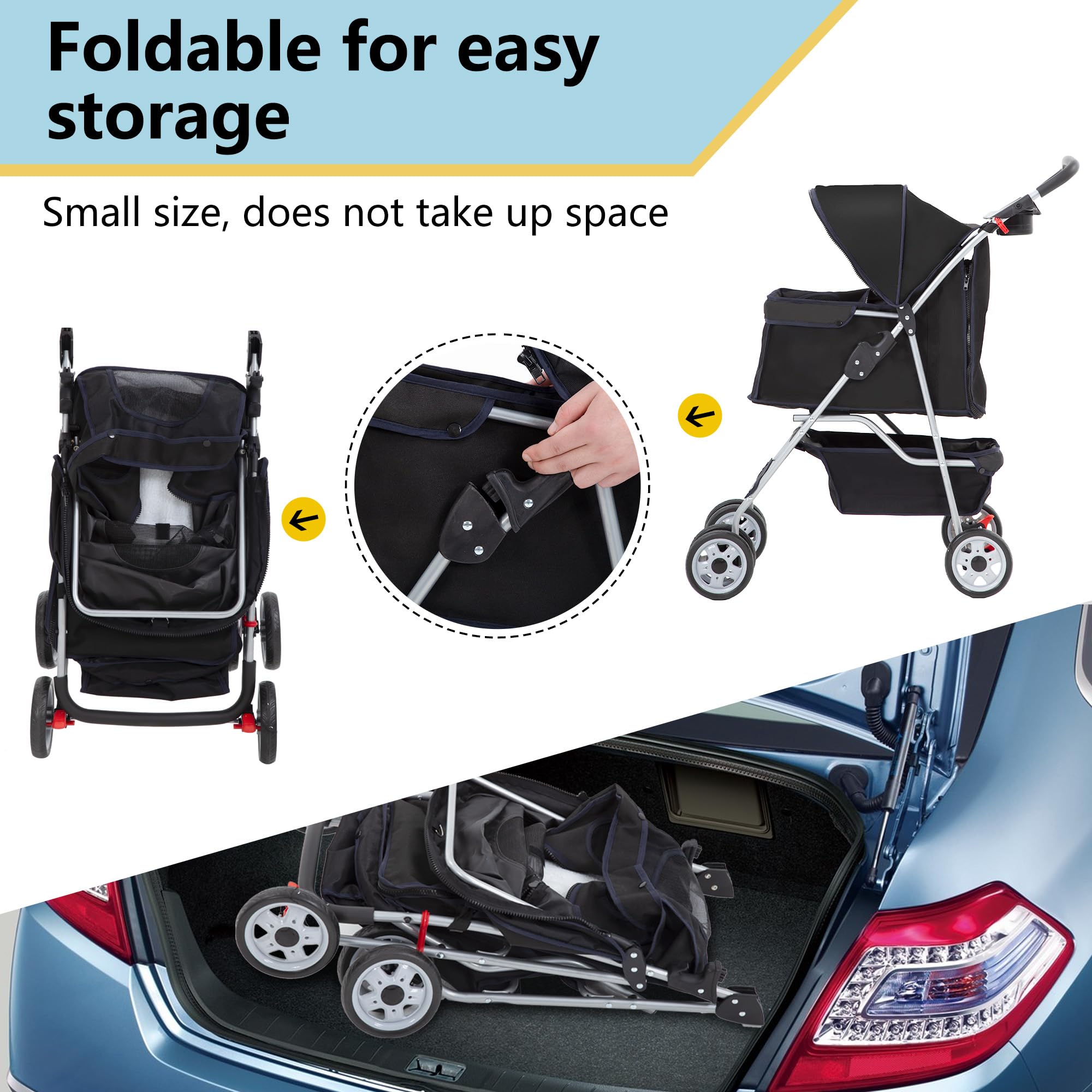FDW Pet Stroller 4-Wheel Dog Cat Stroller Travel Folding Carrier with Cup Holder and Removable Liner for Small Medium Dogs Cats,