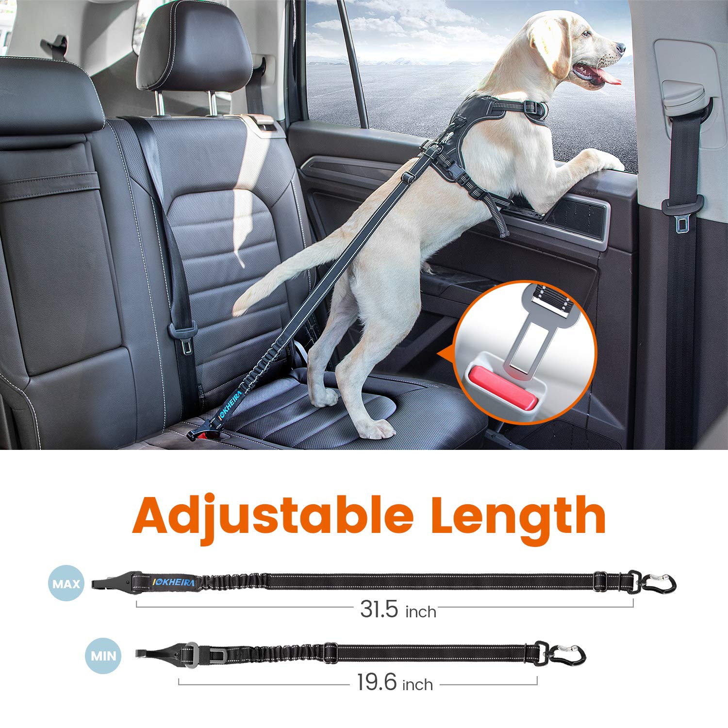 Iokheira Dog Seatbelt, Updated Adjustable Harness Reflective Bungee Dog Car Seat Belt With Aviation Aluminum Alloy Rotatable Carabiner, Hook & Buckle