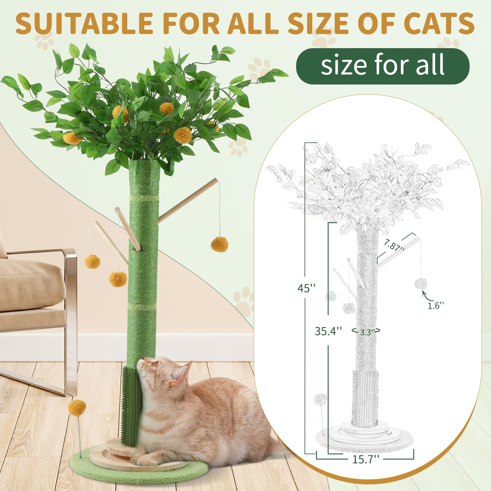 Sheripet Cat Scratching Post For Indoor Cats Adults, 45 Inch Tall Cat Scratcher With Sisal Rope, Large Cats Scratching Posts Wit