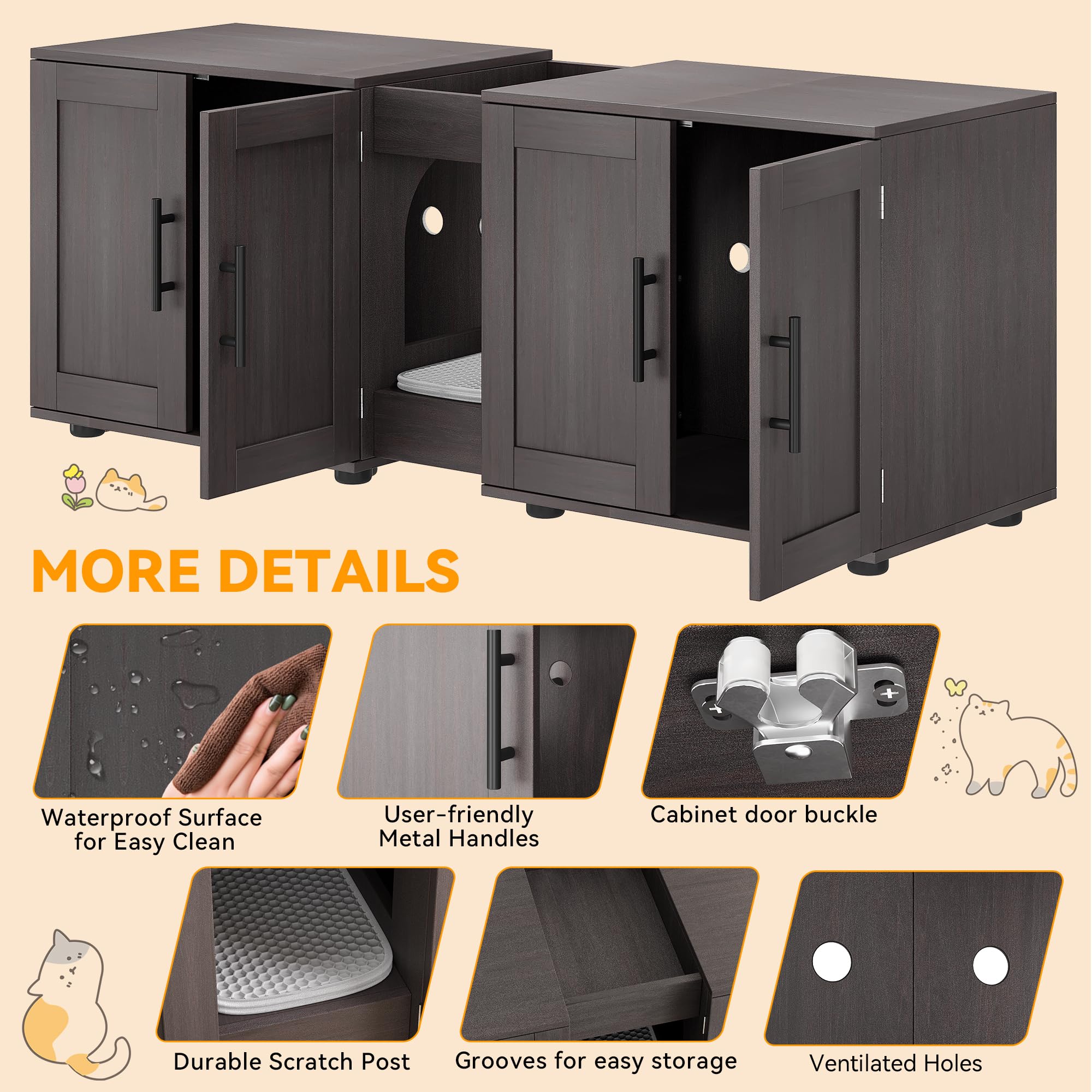 Gaomon Litter Box Enclosure With Double Room,Cat Hidden Litter Box Enclosure Furniture For 2 Cats With Double Room, 55   L X 17.