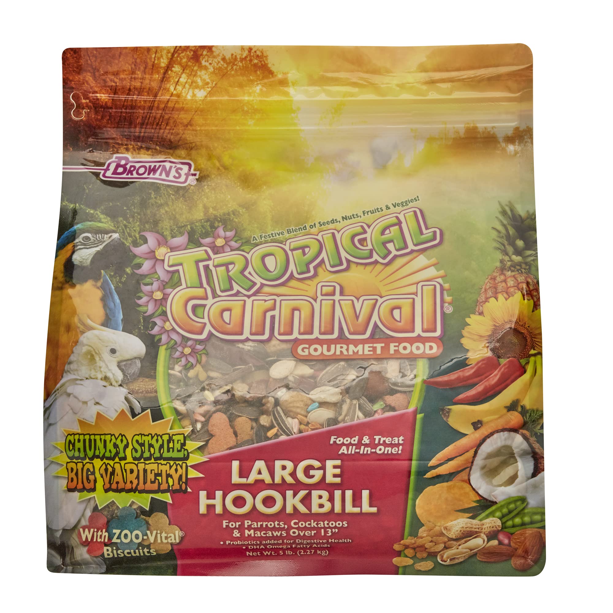 F.M. Browns Tropical Carnival Gourmet Large Hookbill Food for Parrots, Cockatoos and Macaws Over 13, 5-lb Bag - Vitamin-Nutrien
