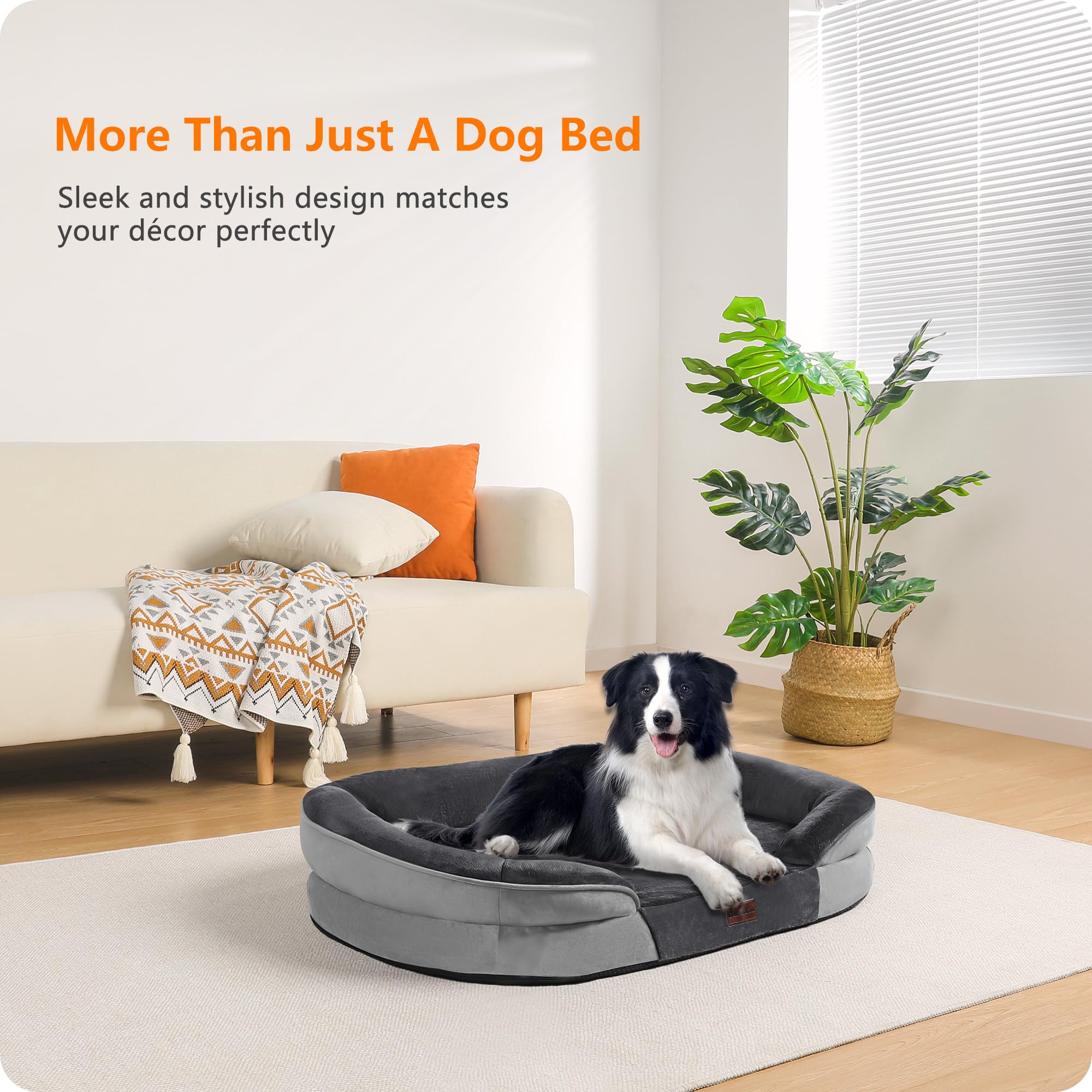 Dwanton Large Orthopedic Dog Bed, Waterproof Egg Foam Support, Washable, Dark Gray, 38" x 28.5" x 6", Non-Slip Bottom with Bolster Cushion