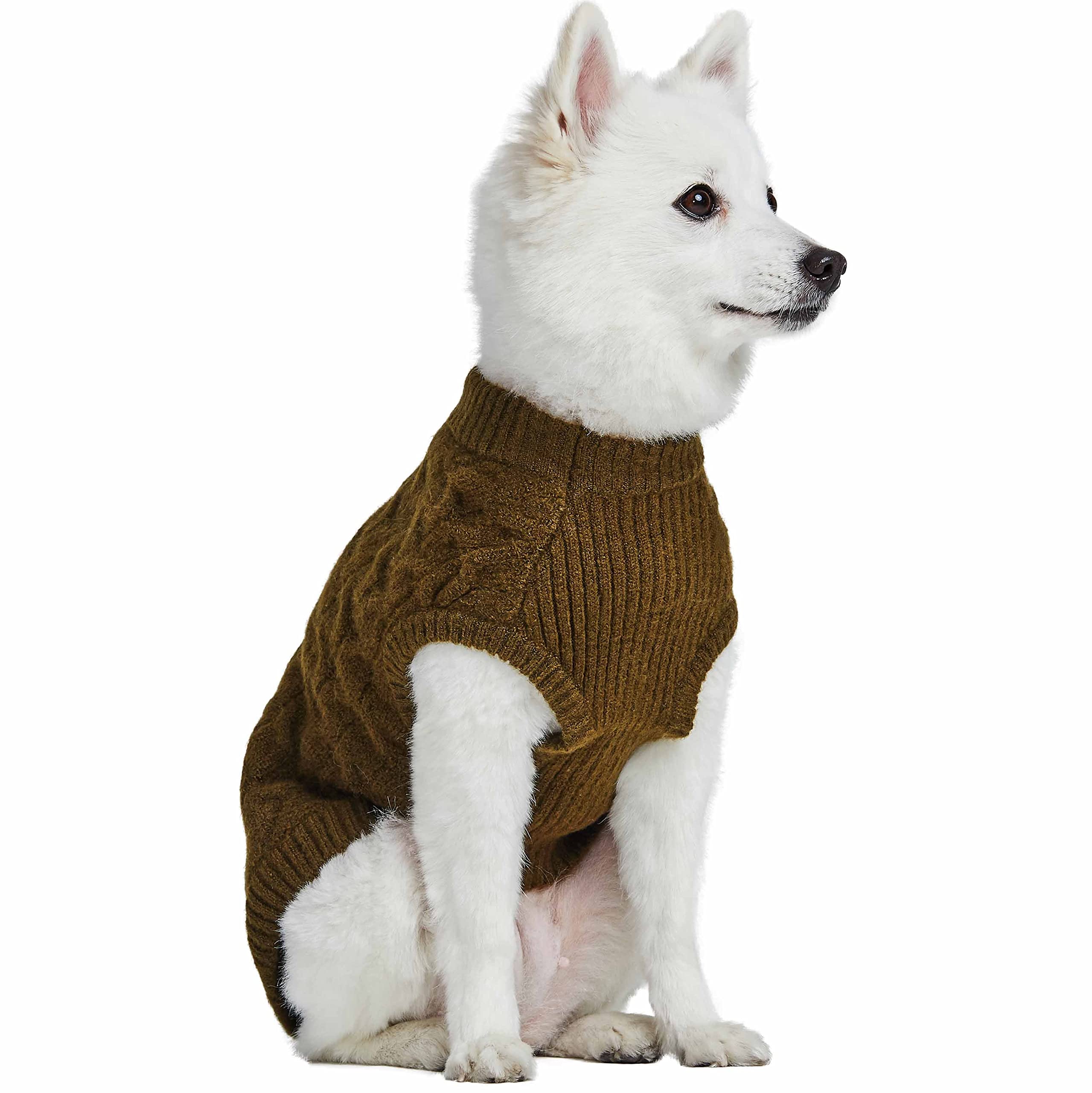 Blueberry Pet Classic Fuzzy Textured Knit Pullover Crew-Neck Dog Sweater In Dark Olive, Back Length 18'', Pack Of 1 Clothes For
