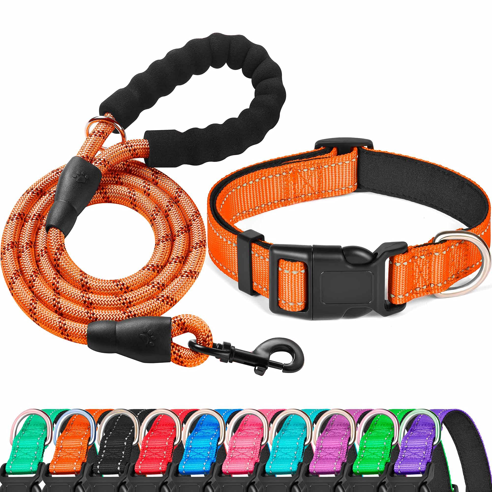 Ladoogo Reflective Dog Collar Padded With Soft Neoprene Breathable Adjustable Nylon Dog Collars For Small Medium Large Dogs (X-Small (Pack Of 1), Orange Collar+Leash)