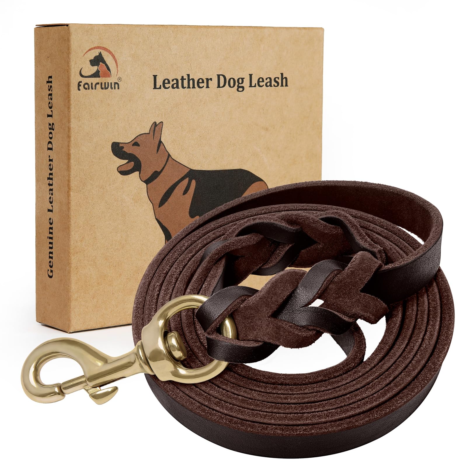 Fairwin Braided Leather Dog Training Leash 6 Foot - Dog Leather Leashes Heavy Duty For Large Medium Dogs (Brown, L:3/4' X 6Ft)