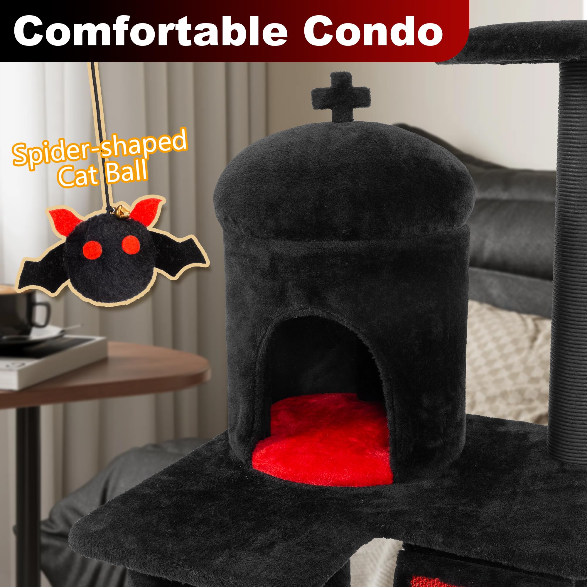 Kamaboko Gothic Cat Tree, 36.4    Black Cat Tower For Indoor Cats With Sisal Scratching Posts, Spacious Cat Condo, Self Groomer,