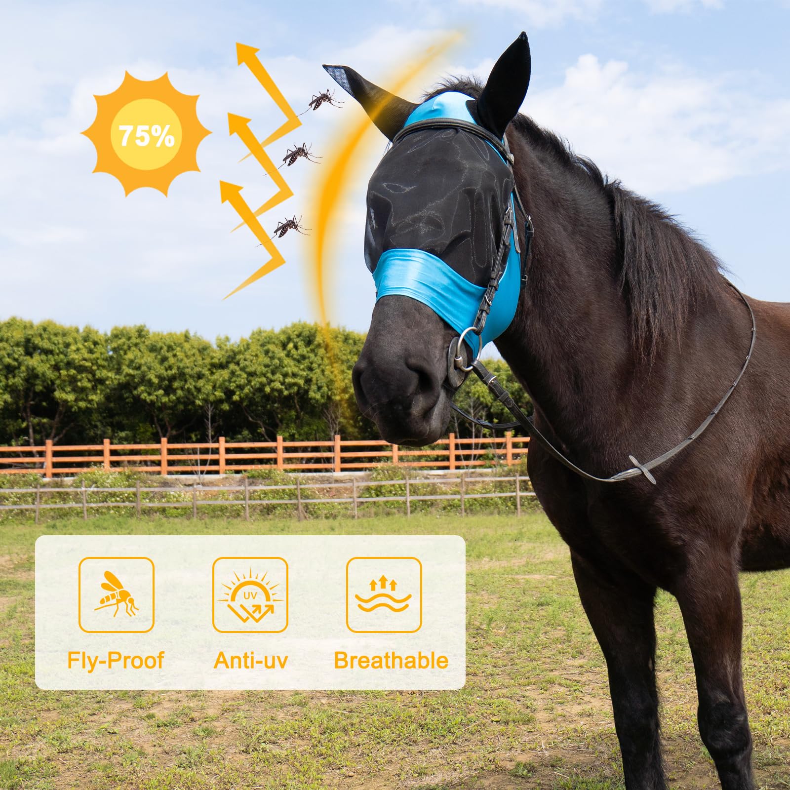 HUAME 2 Piece Horse Fly Mask with Ears, Comfortable Fit Stretch Fabric Big Eye Space Soft Breathable with UV Protection for Full