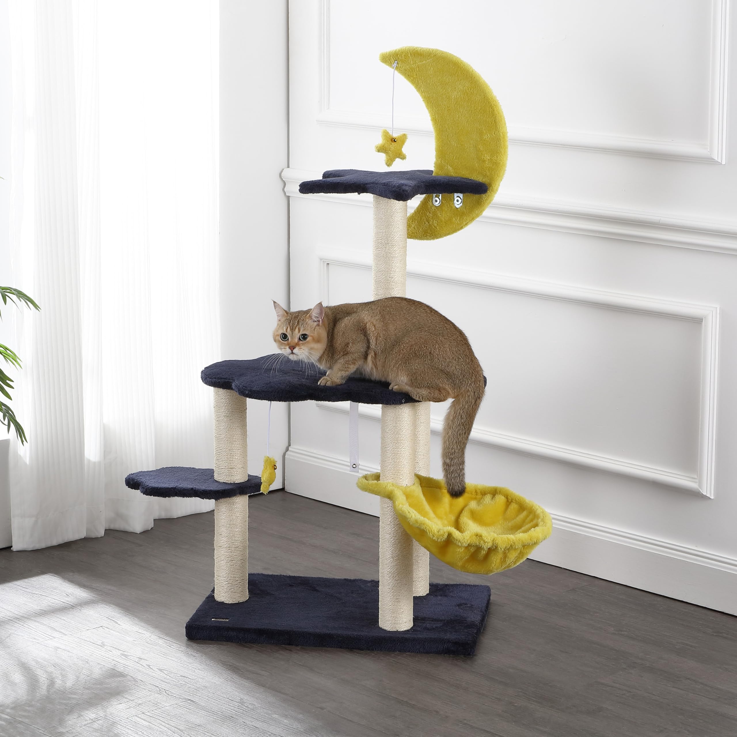 The Licker Store Ctr1003A Aurora 49'' 3-Tier Modern Sisal Moon And Stars Cat Tree With Scratching Posts, Basket, And Fuzzy Bell