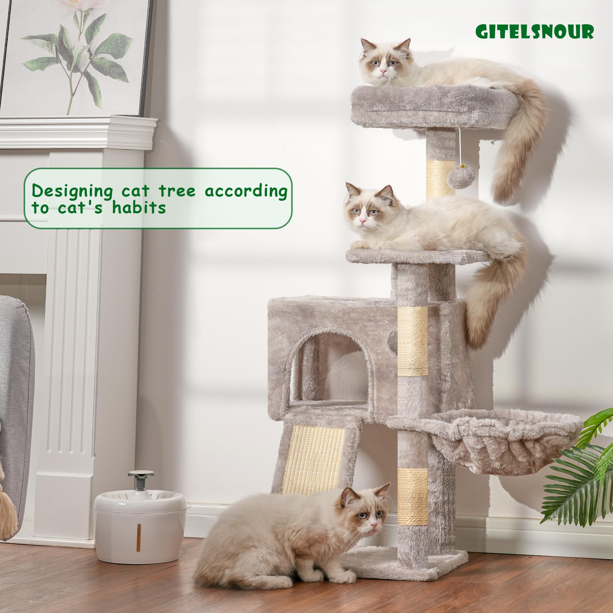 Gitelsnour Cat Tree, Multi-Level Cozy Condo with 2 Perches, Hammock, Scratching Board, 41.3" Light Gray, Model GCT005SW