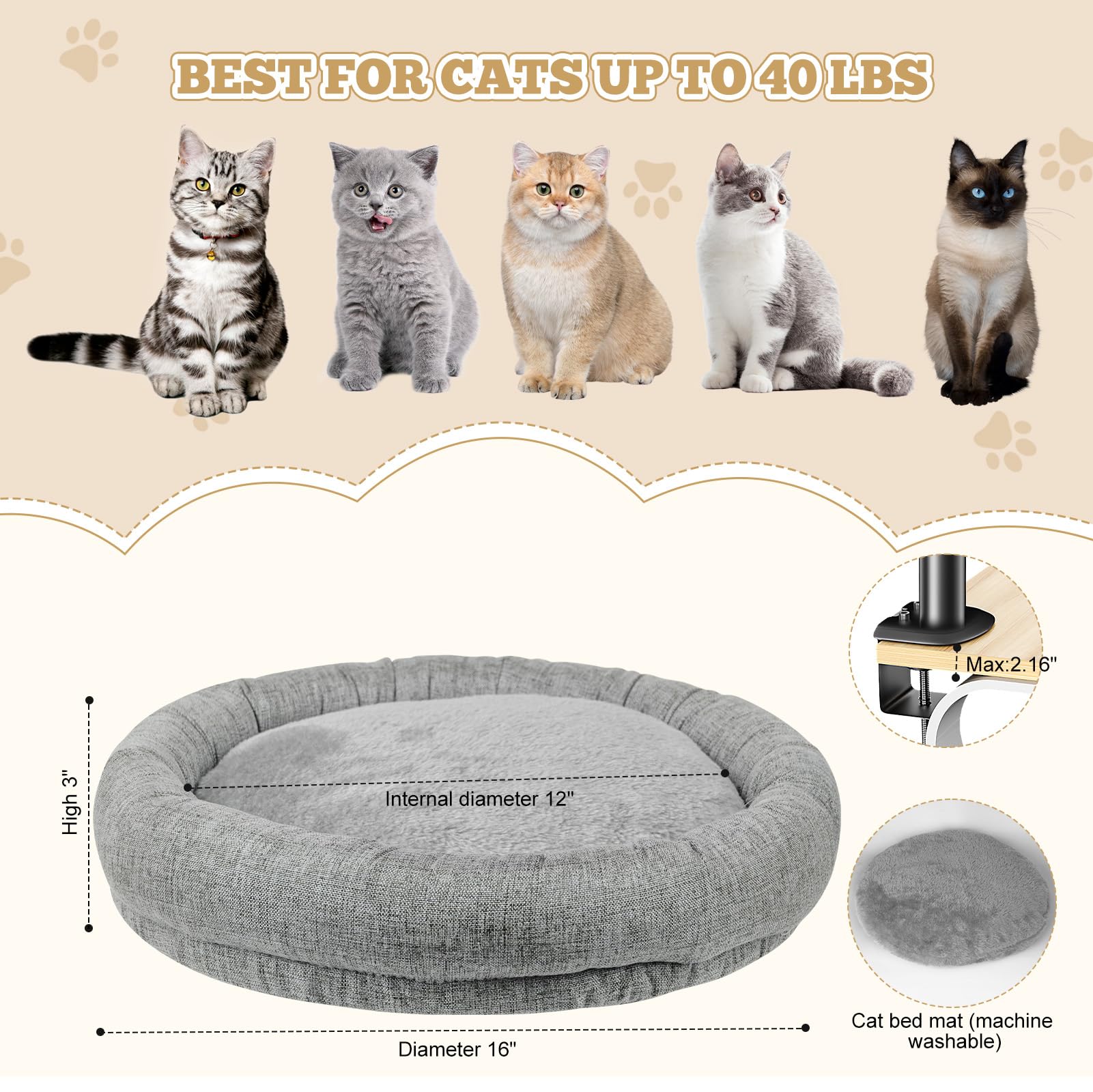 Cuipingoo Cat Bed - Desk Cat Nest With 360 Rotation & Adjustable Height - Soft & Comfortable - Indoor Cats Up To 40 Lbs (Grey)