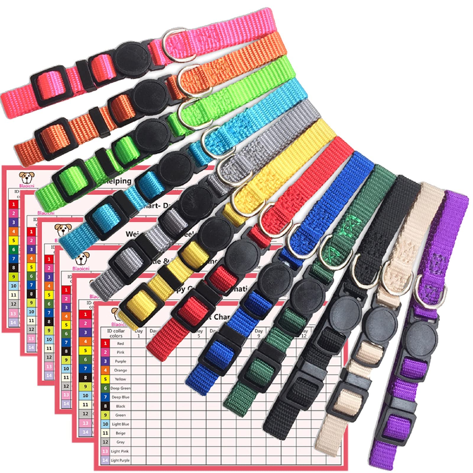 Puppy Id Collar Identification Soft Nylon Adjustable Breakaway Safety Whelping Litter Collars For Newborn Pets With Record Keeping Charts 12Pcs/Set (S)