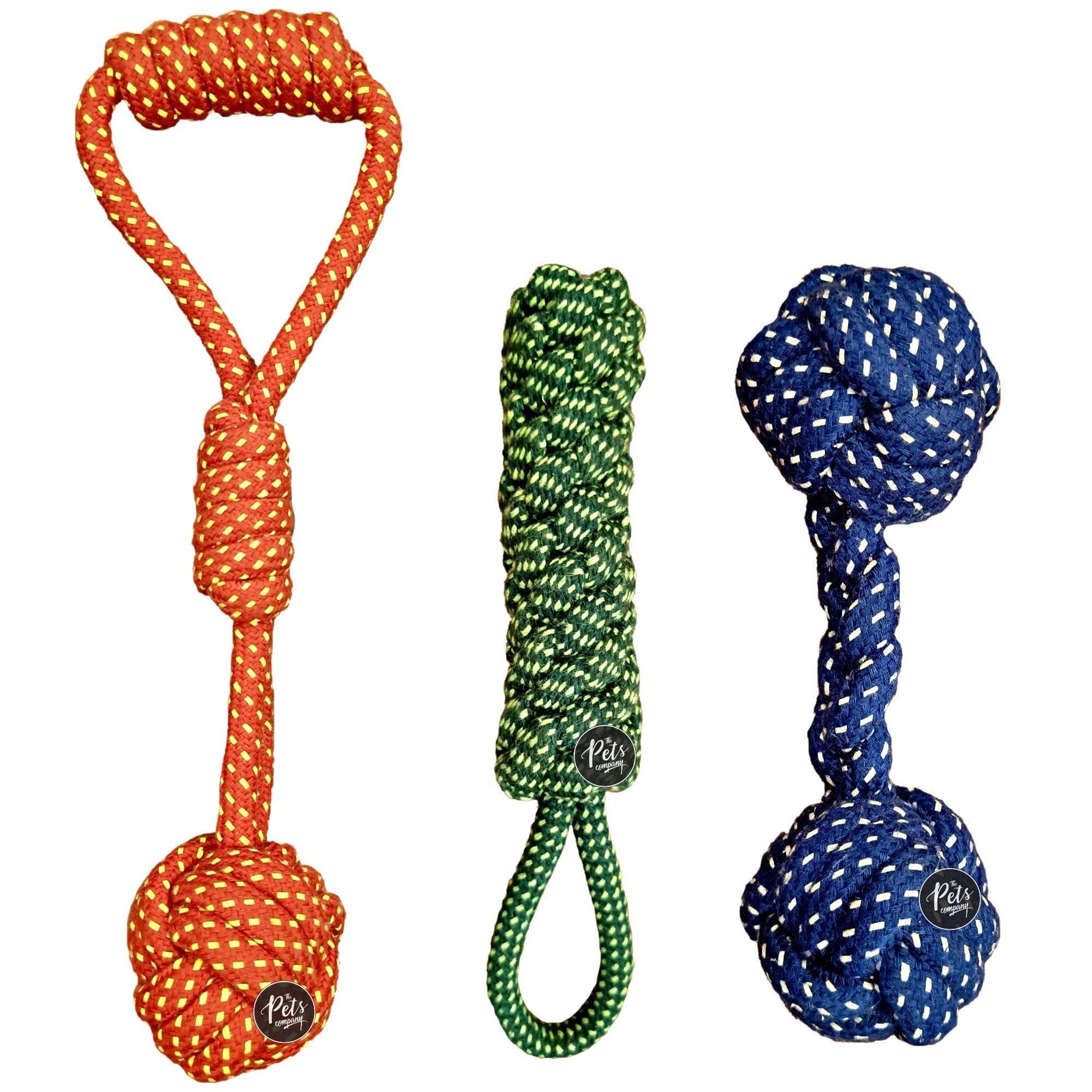 The Pets Company Dog Chew Toys For Puppy Teething & Training (Tug Ball Knot & Grip + Dumbell + Tug), Dog Rope Toy Combo Of 3 For