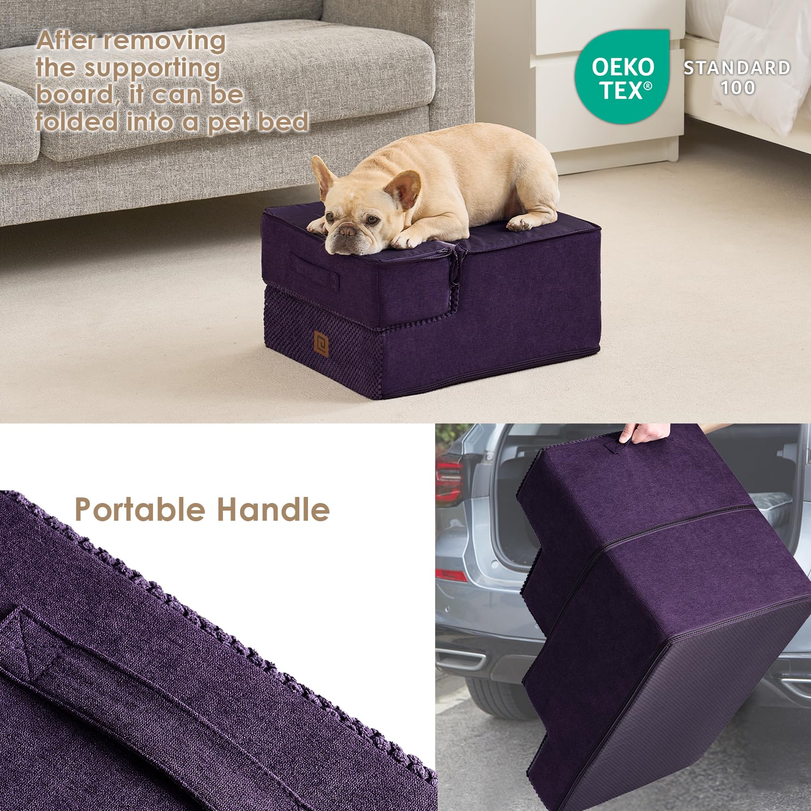Eheyciga Dog Stairs For Small Dogs 13.5' H, 3-Step Dog Steps For Couch Sofa And Chair, Pet Steps For Small Dogs And Cats, Non-Slip Balanced Dog Indoor Ramp, Purple