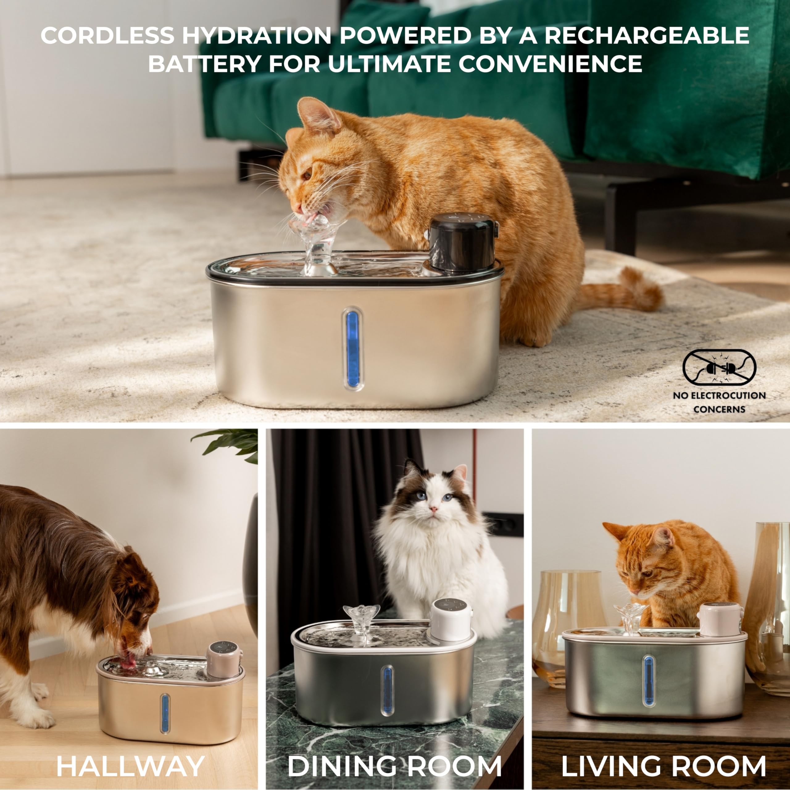 Lippup Wireless Cat Water Fountain Stainless Steel, 5200Mah Battery, Ultra Quiet, Automatic Water Dispenser For Cats, 108Oz/3.2L