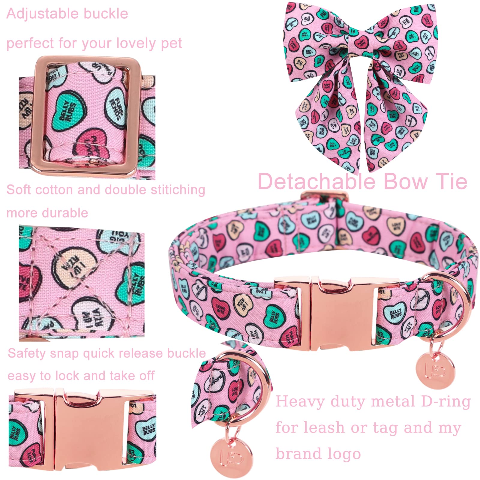 Up Urara Pup Valentine’S Day Dog Collar With Bow Tie, Valentine Bowtie Collar For Small Girl Boy Dog, Valentine’S Day & Wedding Gift Pet Collar, Cotton Pink Collar With Metal Buckle, S, Neck 10-16In