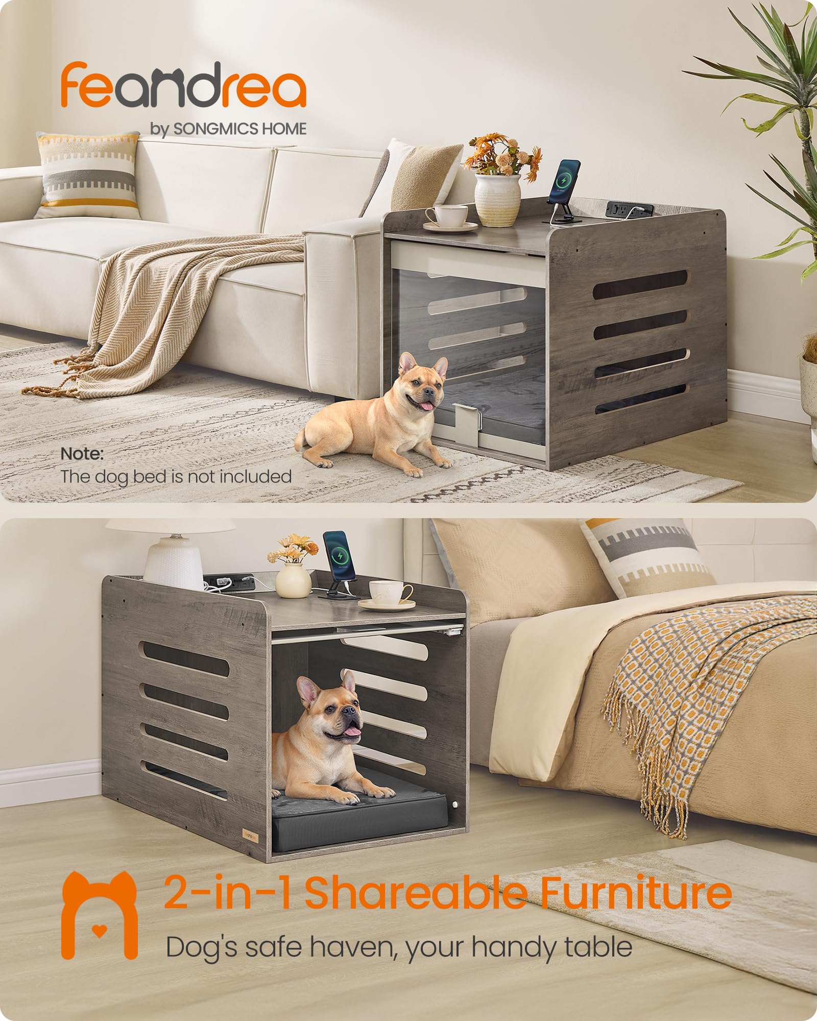 Feandrea Modern Dog Crate Furniture, Medium Indoor Kennel with Charging Station, Heather Greige, 23.8"L x 31.5"W x 24.8"H, Model U