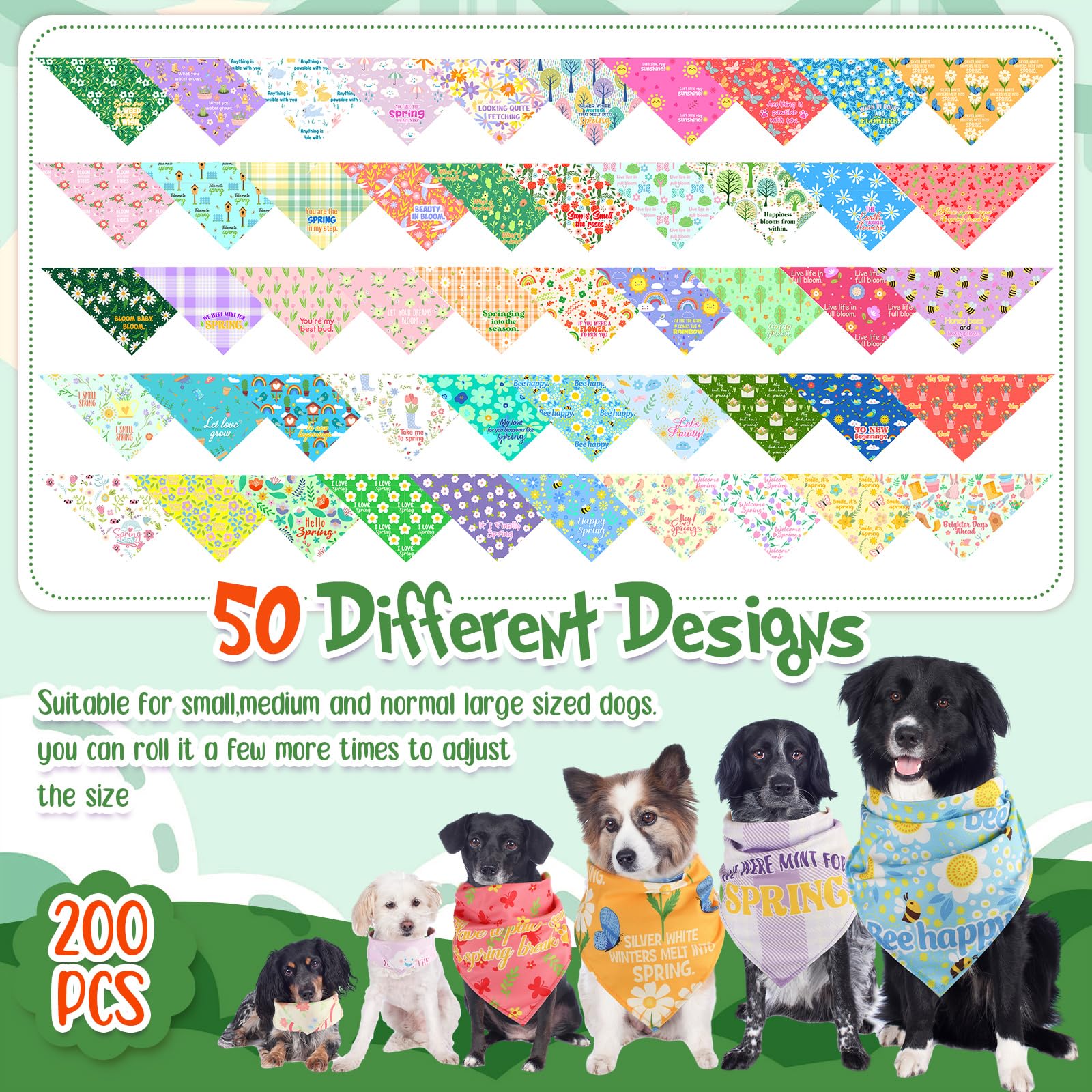 Kacctyen 200 Pcs Dog Bandana Bulk For Groomers With Sayings Spring Floral Printed Pet Triangle Scarf Bibs Washable Puppy Kerchie