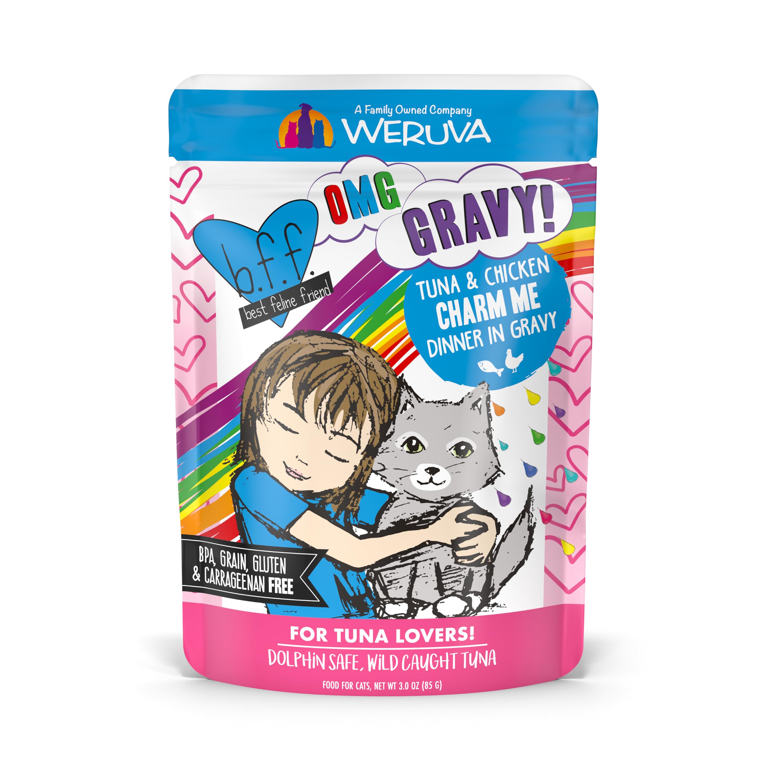 Weruva B.F.F. OMG - Best Feline Friend Oh My Gravy! Tuna & Chicken Charm Me with Tuna & Chicken in Gravy Cat Food, 3oz Pouch (Pa