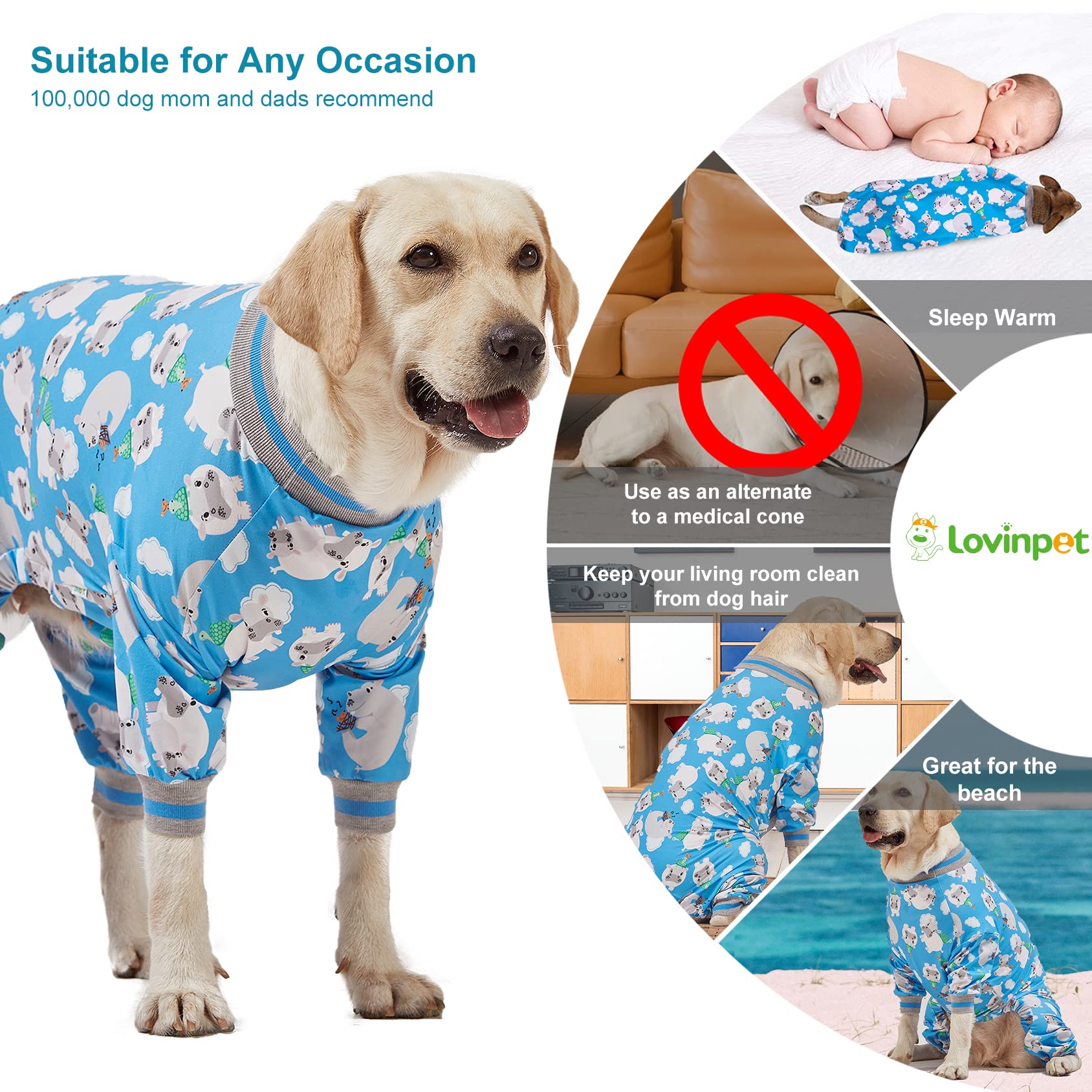 LovinPet Dog Pajamas, Cozy Pullover PJs for Large Dogs, 65% Cotton, Blue, XX-Large, Happy Hippo Print, Model LP-8JHEMAYUN