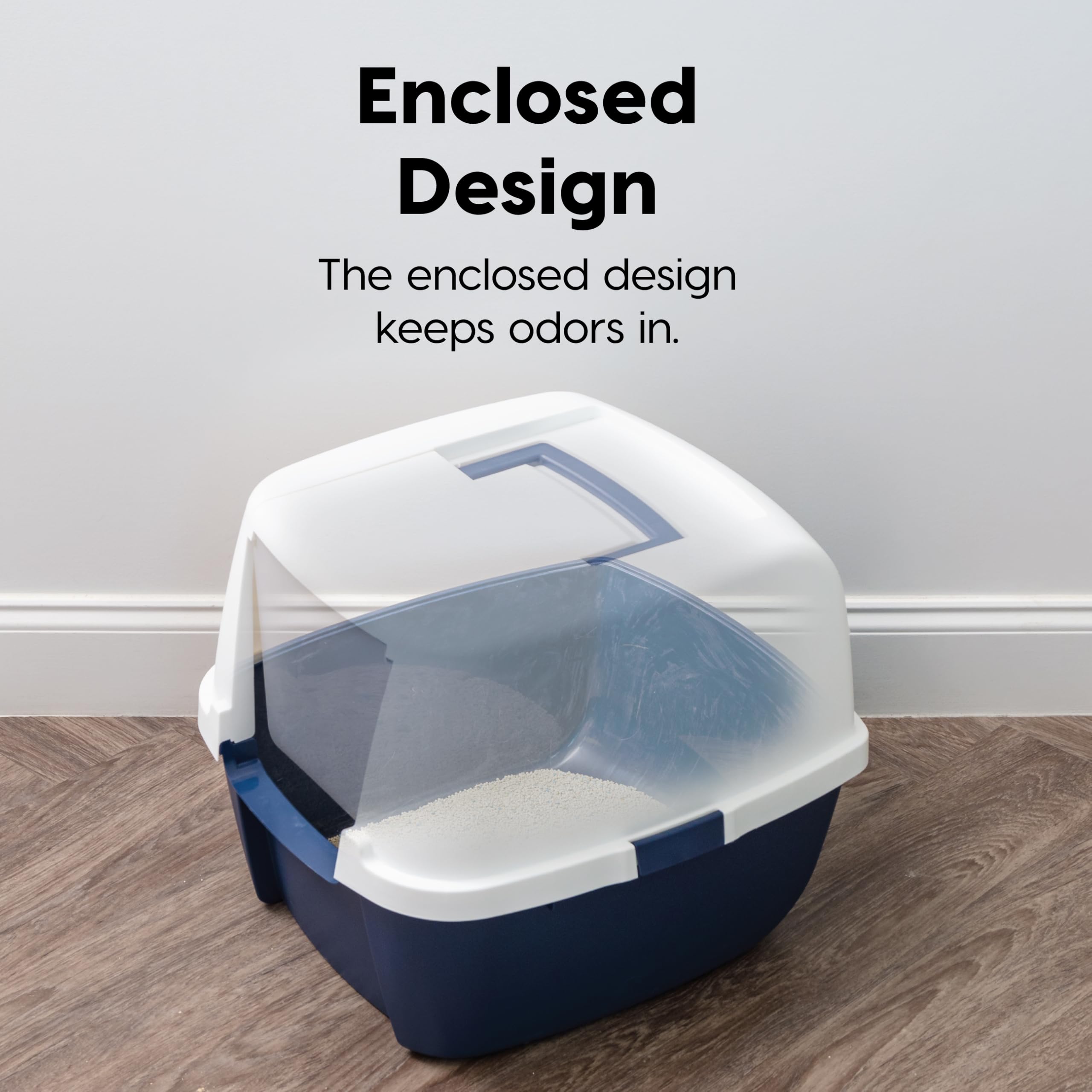 IRIS USA Jumbo Enclosed Cat Litter Box - Navy/White, Plastic, Front Door Flap, Handle & Buckles for Portability, Model 588423