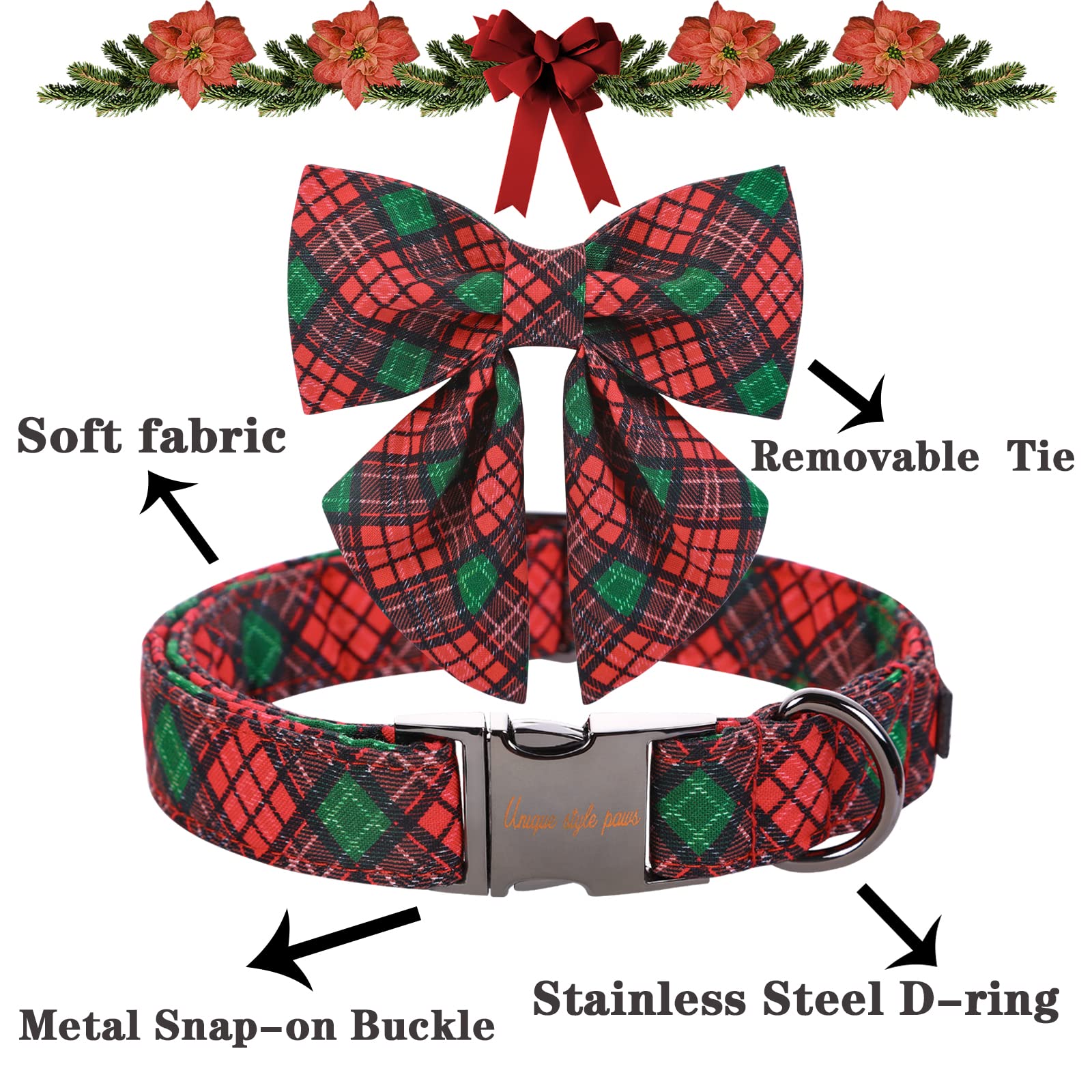 Unique Style Paws Christmas Dog Collar With Tie Red Green Plaid Adjustable Cotton Puppy Collar For Small Medium Large Dogs-Xs
