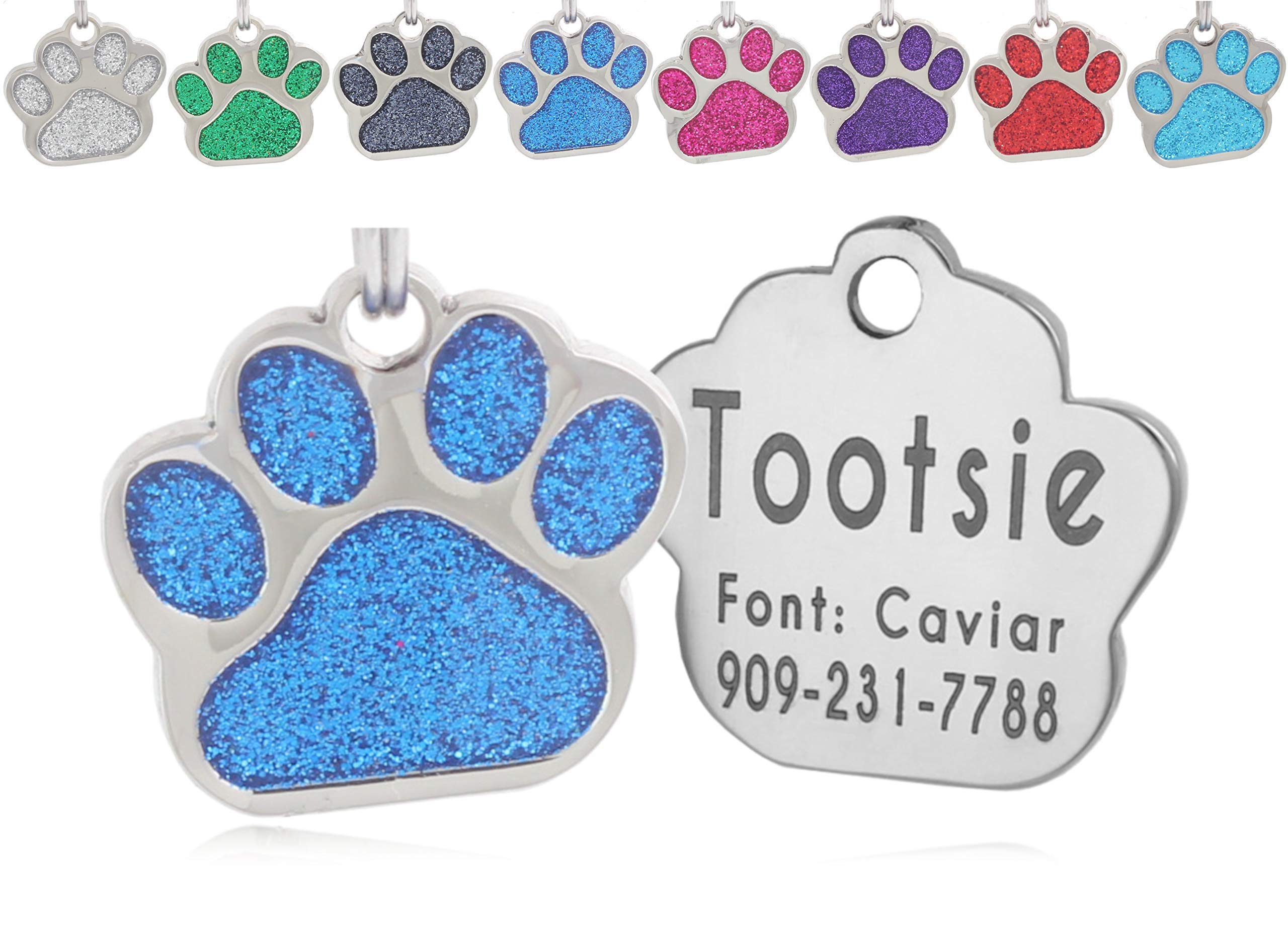 Io Tags Pet Id Tags, Personalized Dog Tags And Cat Tags, Custom Engraved, Easy To Read, Cute Glitter Paw Pet Tag (Blue)